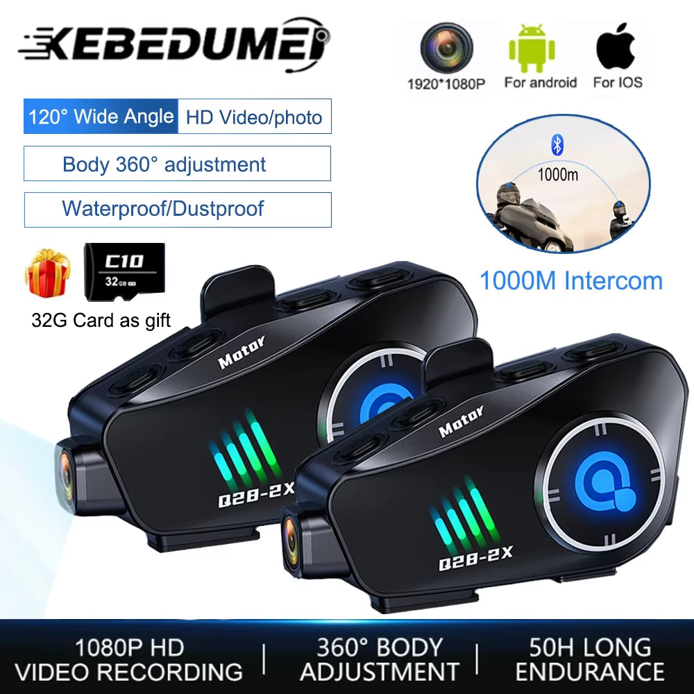 Kebidumei Bluetooth Motorcycle Intercom Helmet Headset 1000M Interphone Music Share Headphone Wifi App Dash Cam Moto Auto Dvr