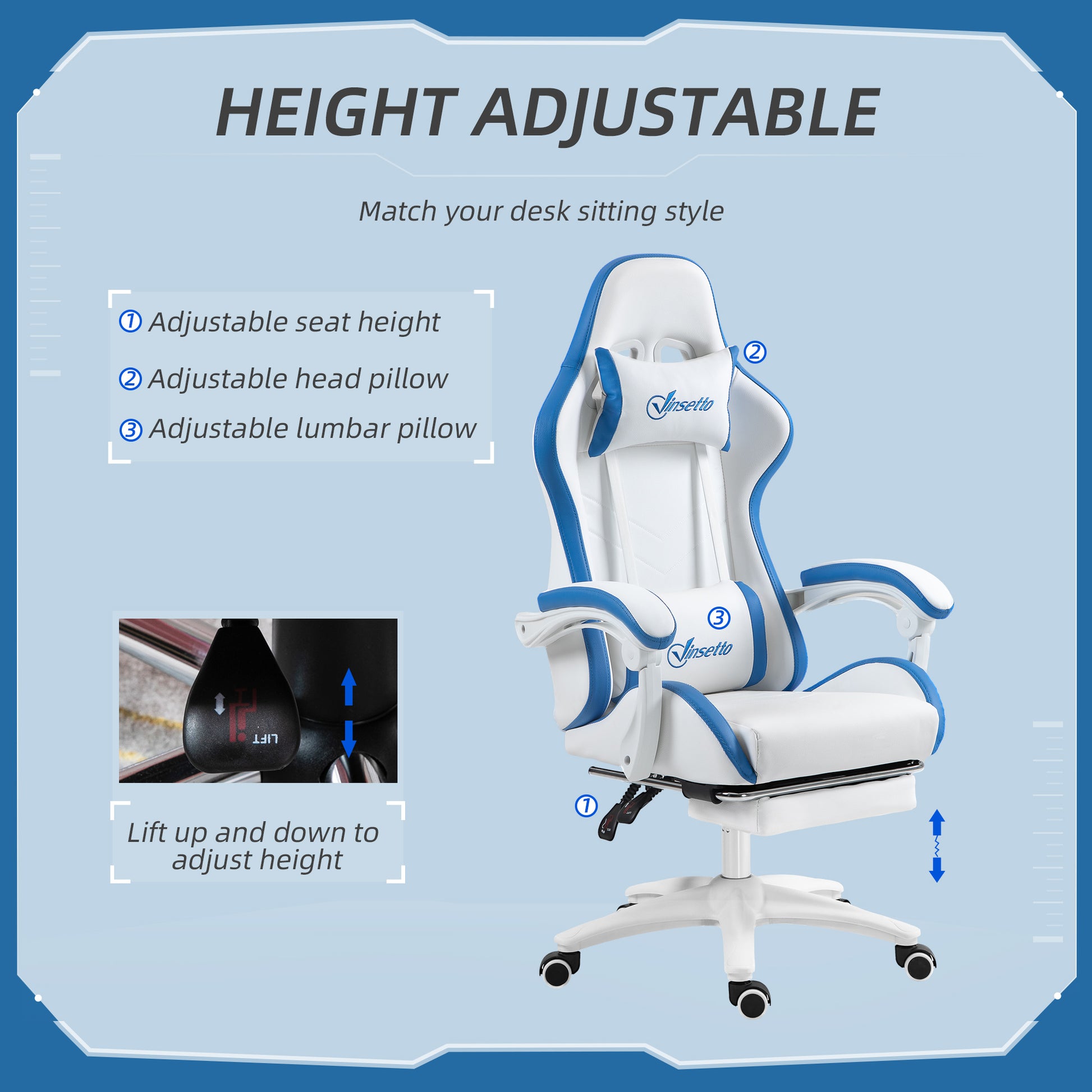 Racing Gaming Chair, Reclining PU Leather Computer Chair w/ 360° Swivel Seat, Footrest, Removable Headrest & Lumber Support in White | Vinsetto-2
