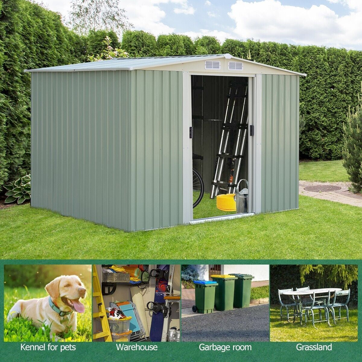 Metal Storage Shed with Sloping Roof Sliding Doors and Air Vents