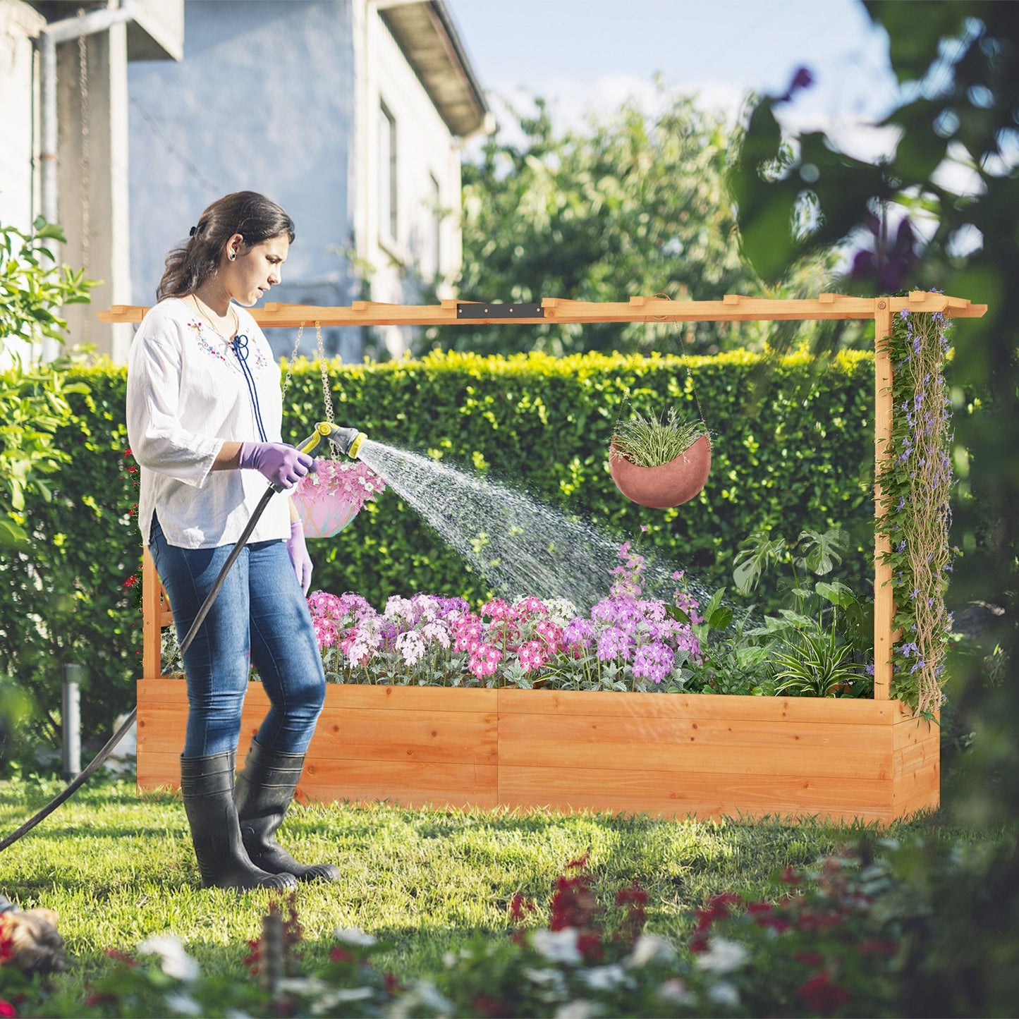 Raised Garden Bed with 2-Sided Trellis and Hanging Roof