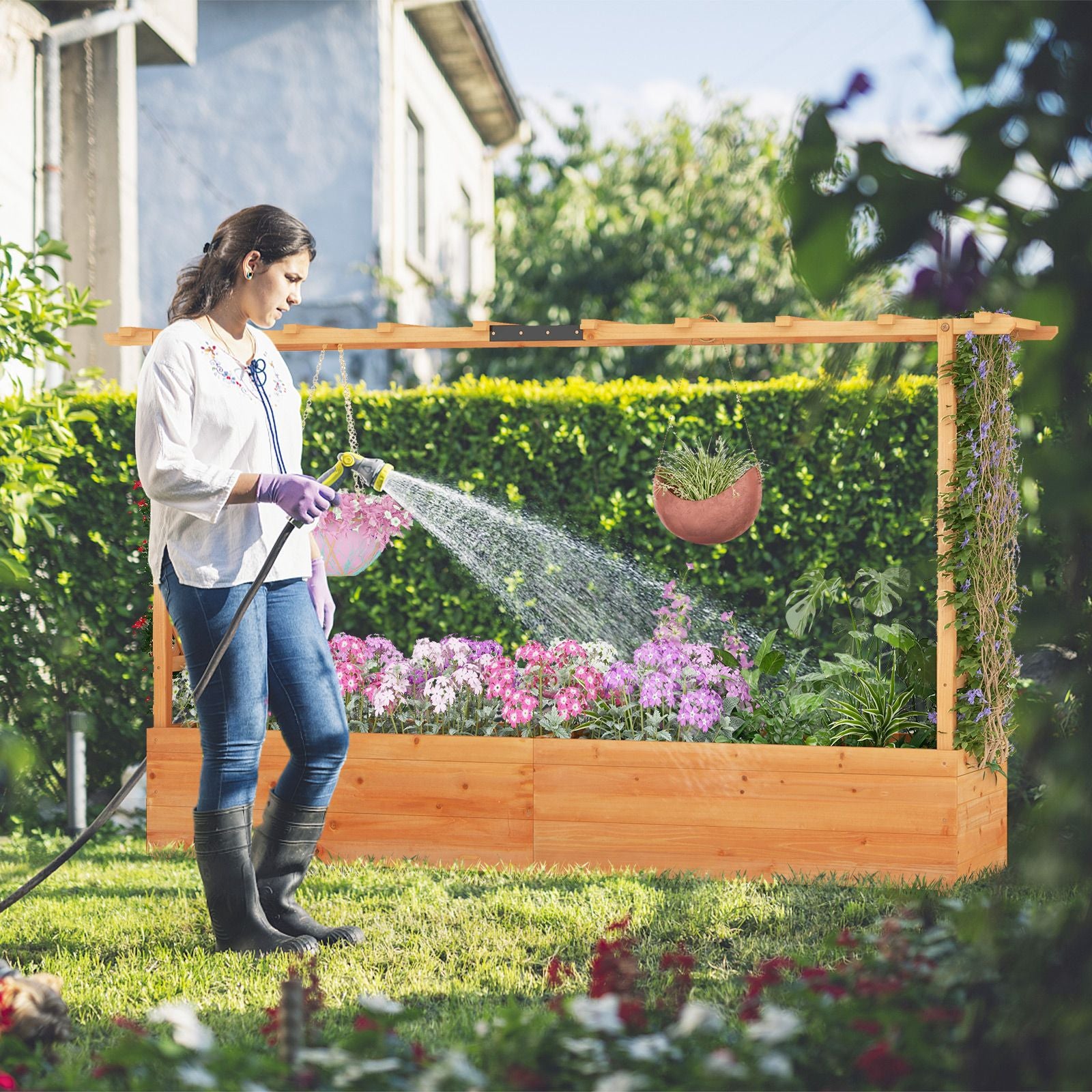 Raised Garden Bed with 2-Sided Trellis and Hanging Roof