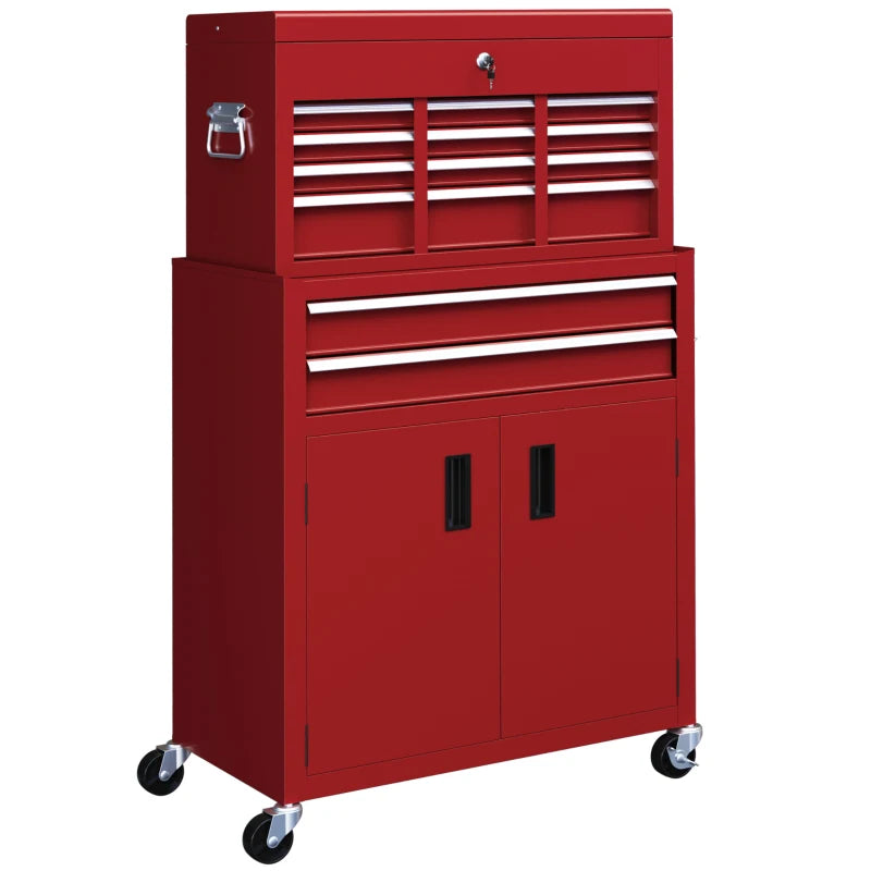 HOMCOM Portable Tool Box, Metal Tool Chest on Wheels with 6 Drawers for Garage and Workshop in Red