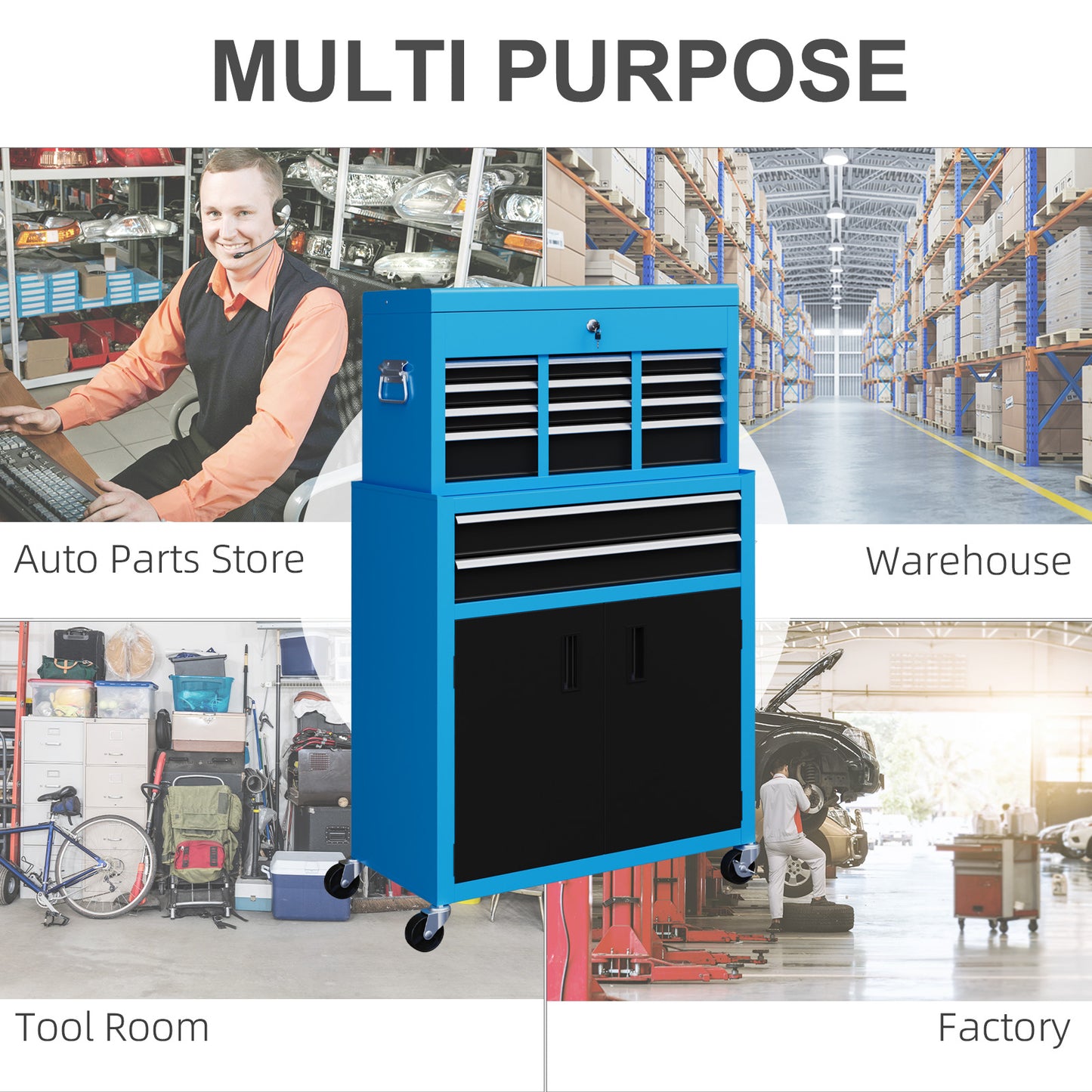 HOMCOM Portable Tool Box, Metal Tool Chest on Wheels with 6 Drawers for Garage and Workshop in Blue
