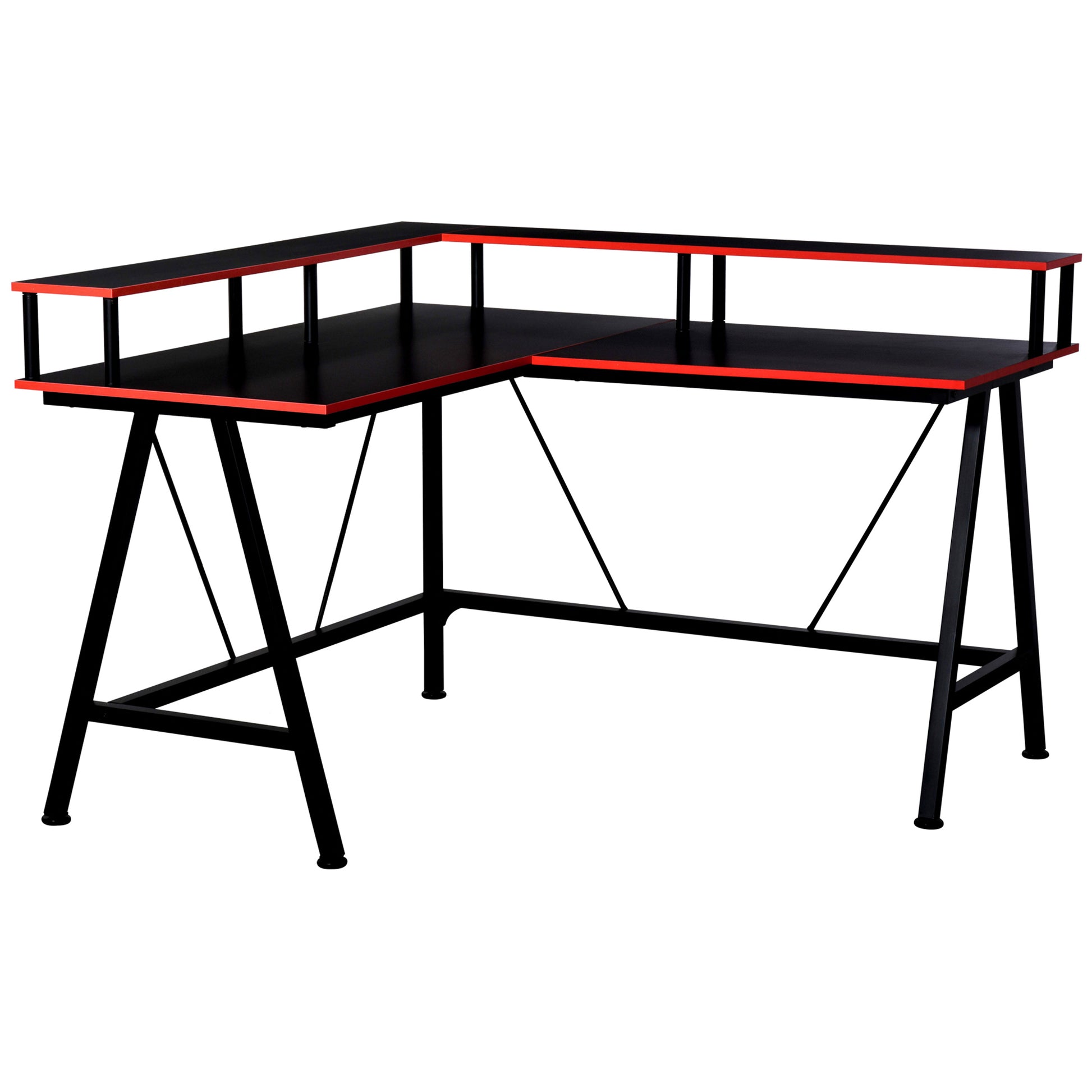 L-Shape Corner Gaming Desk Computer Table with Elevated Monitor Shelf Workstation, Black Red | HOMCOM-7