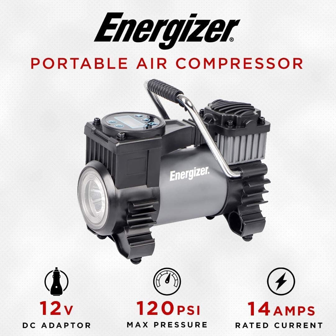 Air Compressor Portable Tire Inflator, 12V DC Air Pump for Car Tires with Digital Tire Pressure Gauge, 120 Max PSI, Preset Pressure Feature, LED, Digital Display - Includes Storage Bag