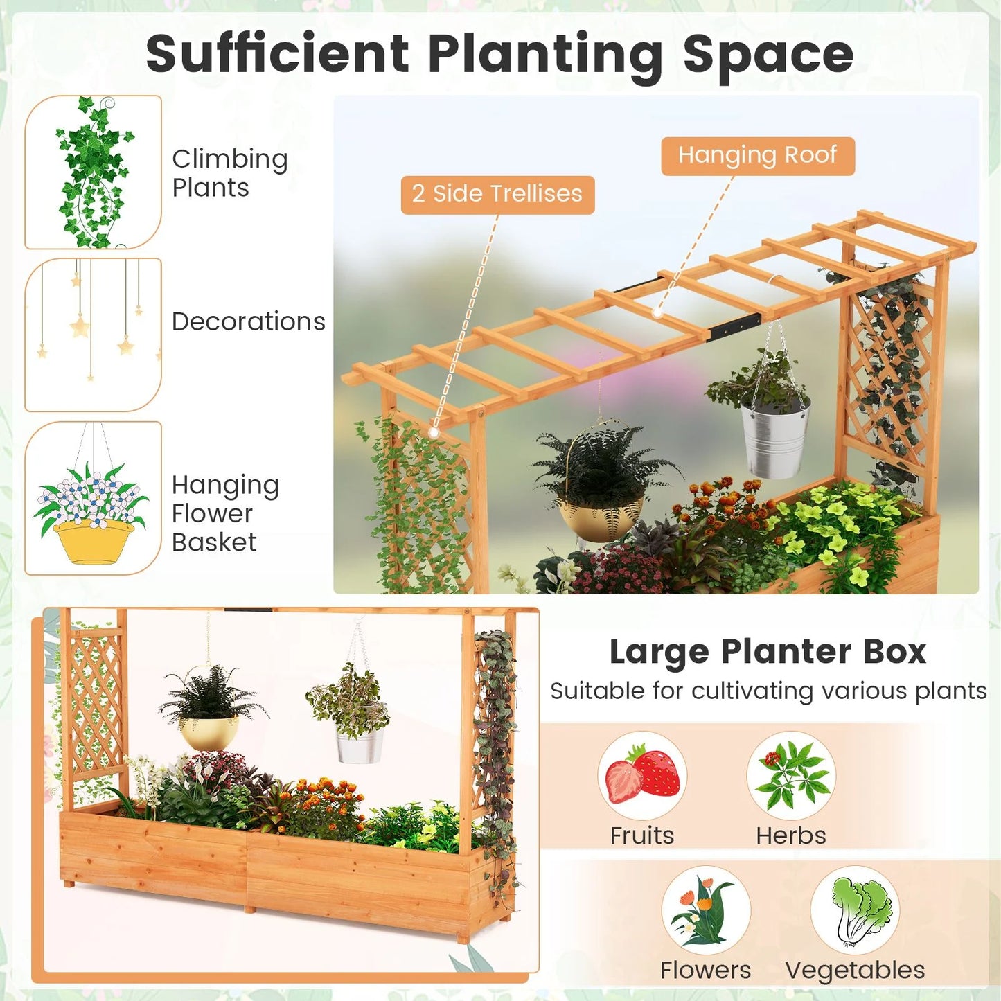 Raised Garden Bed with 2-Sided Trellis and Hanging Roof