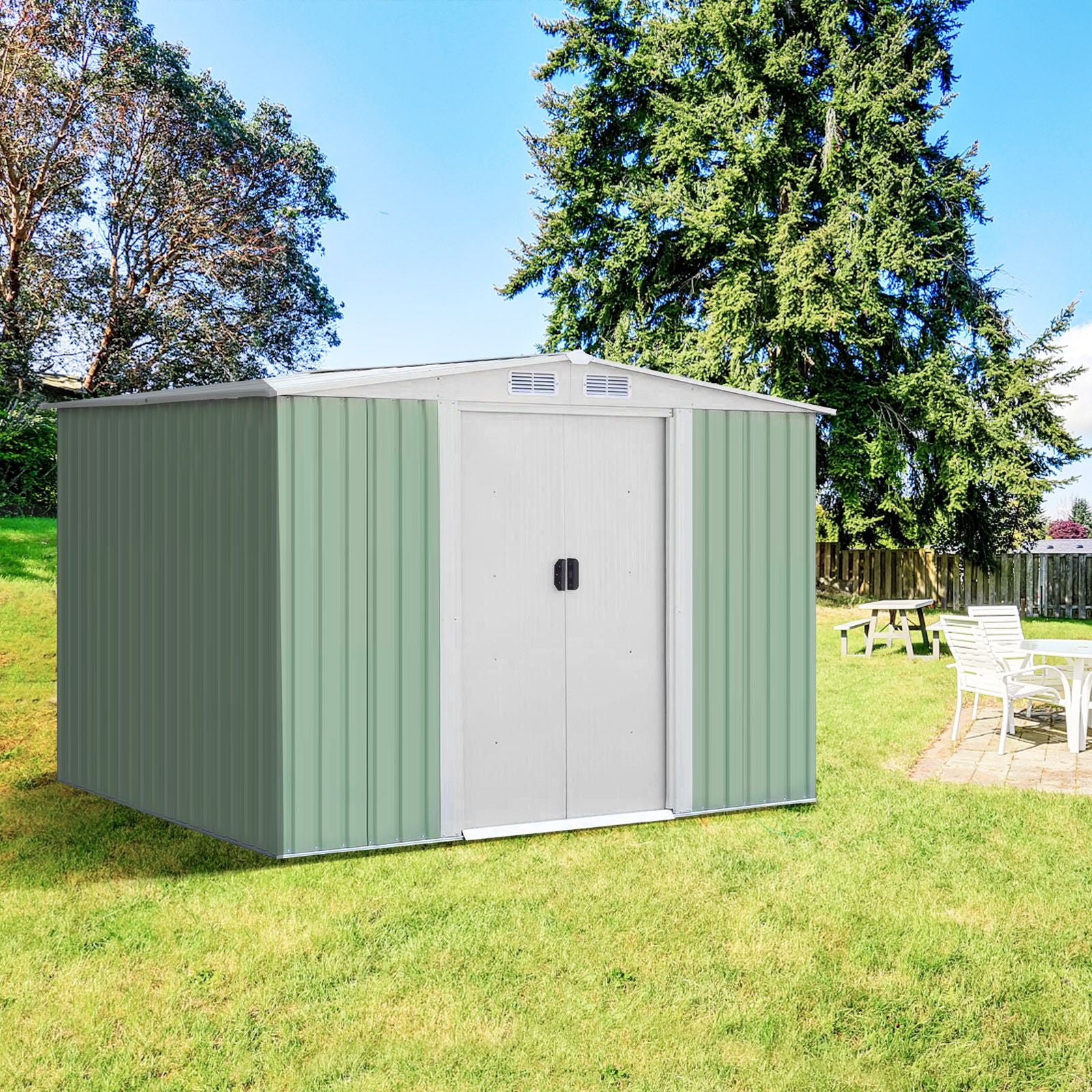Metal Storage Shed with Sloping Roof Sliding Doors and Air Vents