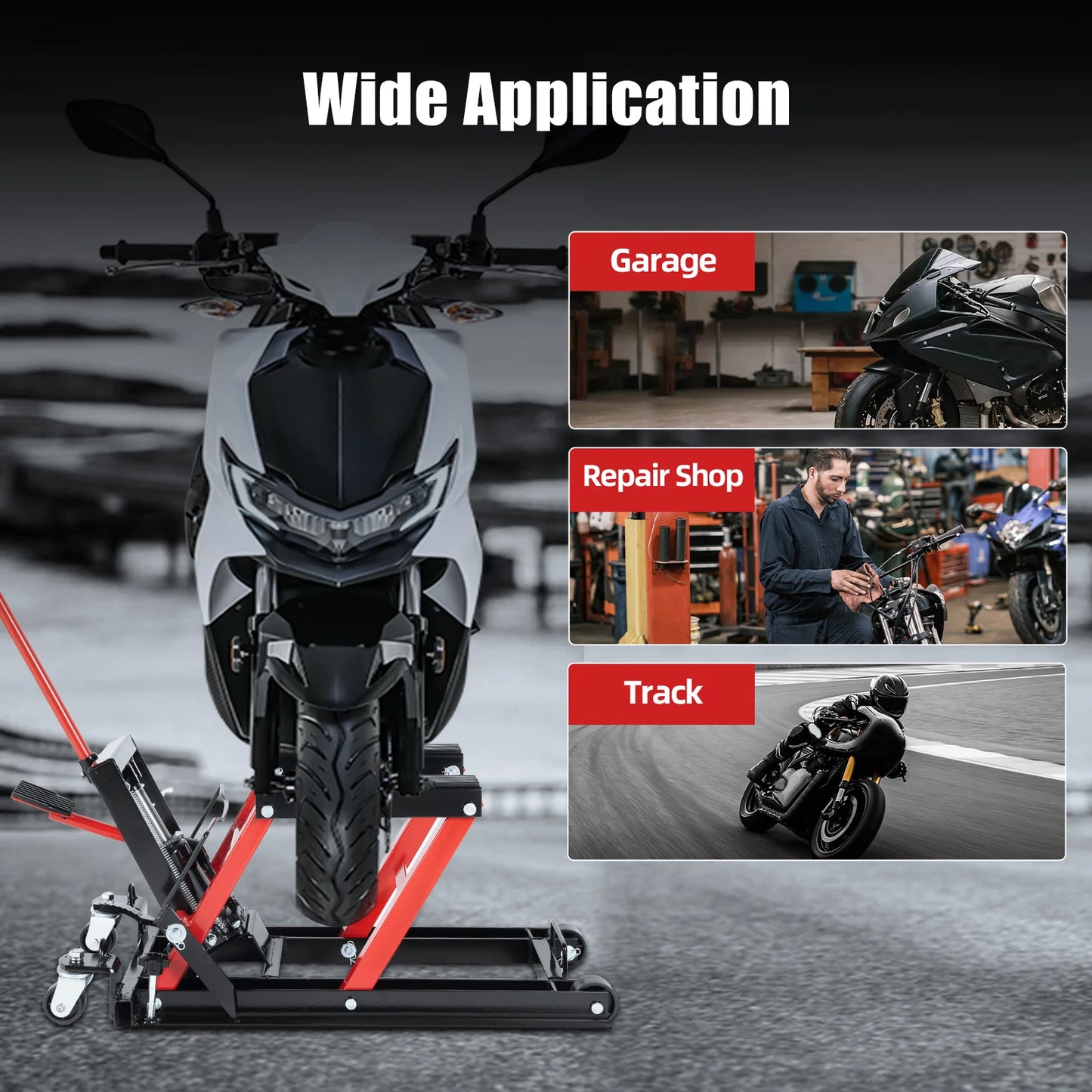 Motorcycle Hydraulic Lift 680Kg/1500Lbs Load Capacity Motorcycle Repair Hydraulic Parking Rack for Garage