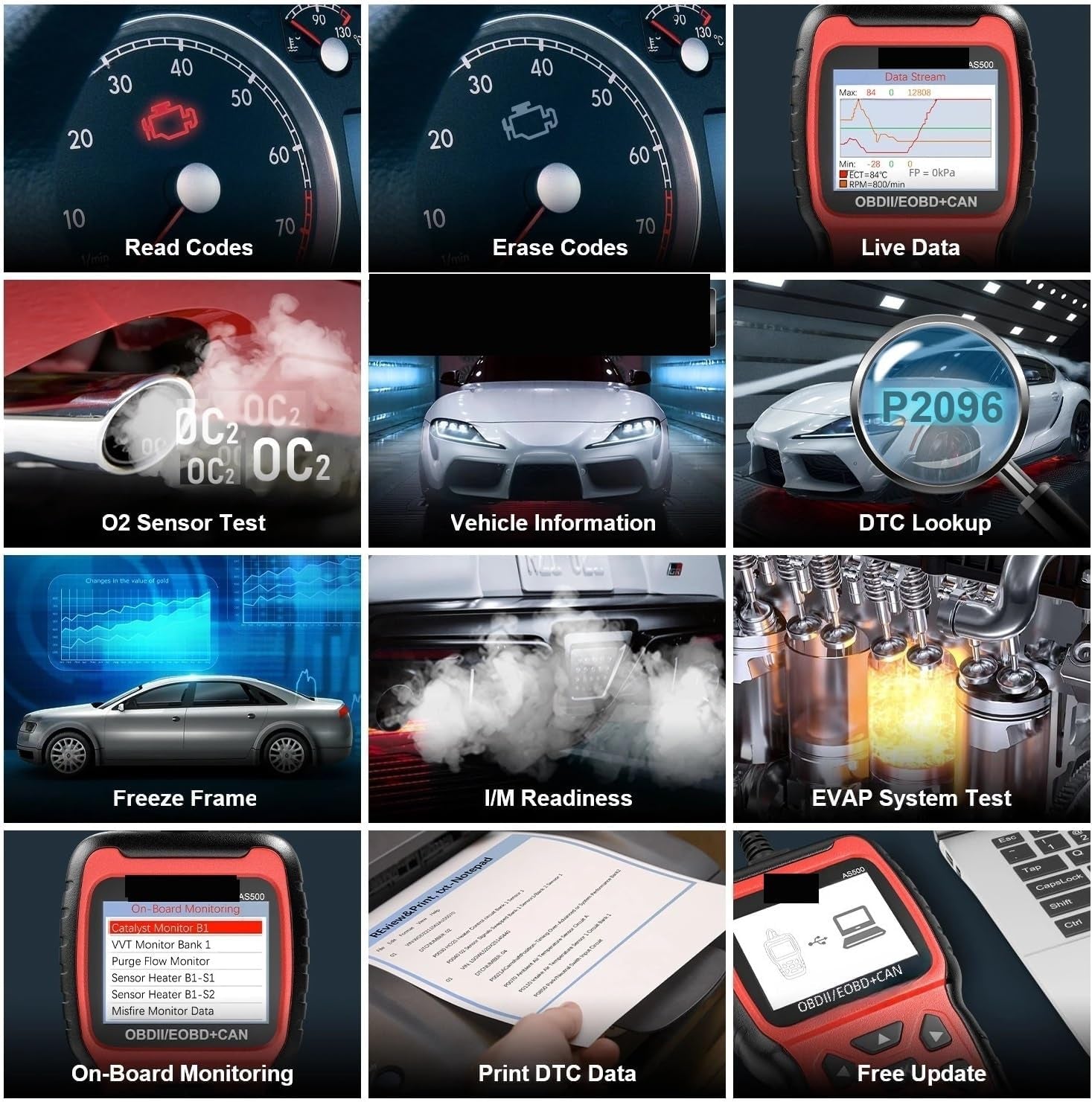Car Diagnostic Scanner, AS500 OBD2 Scanner Engine Code Reader OBD Auto Diagnose Car Diagnostics Tool OBD2 Automotive Scanner for Car