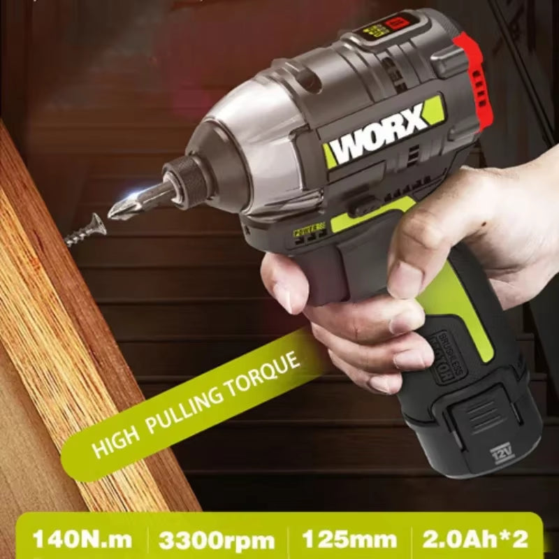 WORX Cordless Impact Screwdriver WU132 140Nm 12V 3300Rpm Brushless Motor Adjust Torque Maintenance Power Tools Electric Drill