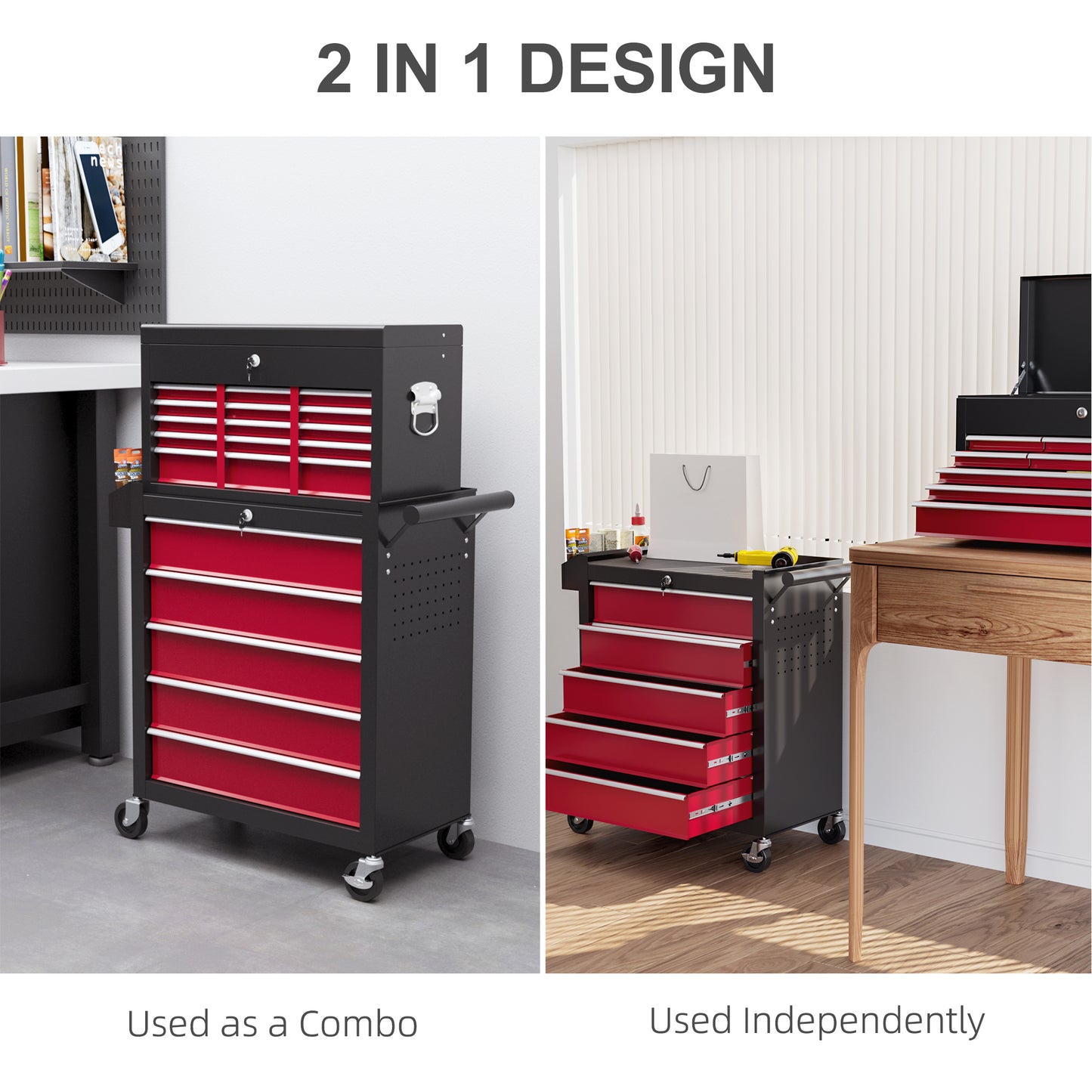 Rolling Tool Cabinet on Wheels w/ 14 Drawers, Pegboard & Side Rack, Lockable Top Tool Chest & Roller Cabinet Combo for Workshop Home | HOMCOM