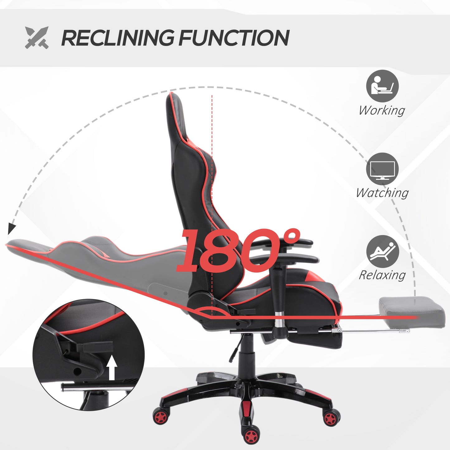 High-Back Gaming Chair Swivel Home Office Computer Racing Gamer Recliner Chair Faux Leather with Footrest, Wheels, Red Black | HOMCOM-3