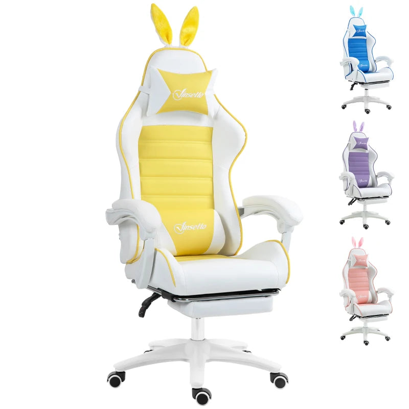 Racing Gaming Chair, Reclining PU Leather Computer Chair with Removable Rabbit Ears, Footrest, Headrest and Lumber Support, Yellow | Vinsetto-0
