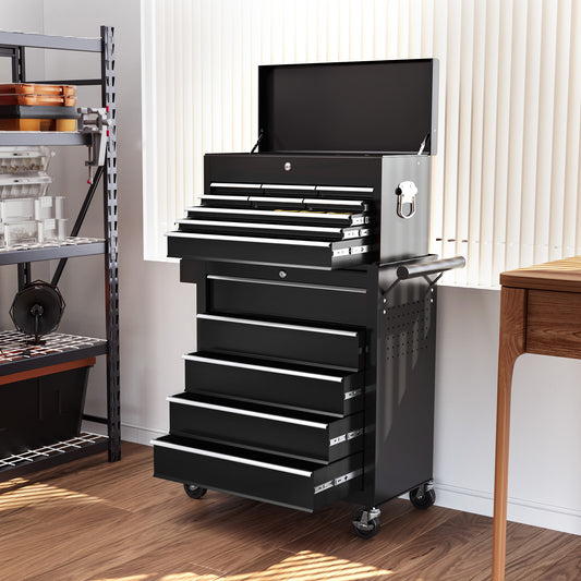 Rolling Tool Cabinet on Wheels w/ 14 Drawers, Pegboard & Side Rack, Lockable Top Tool Chest, Roller Cabinet Combo for Workshop, Home | HOMCOM