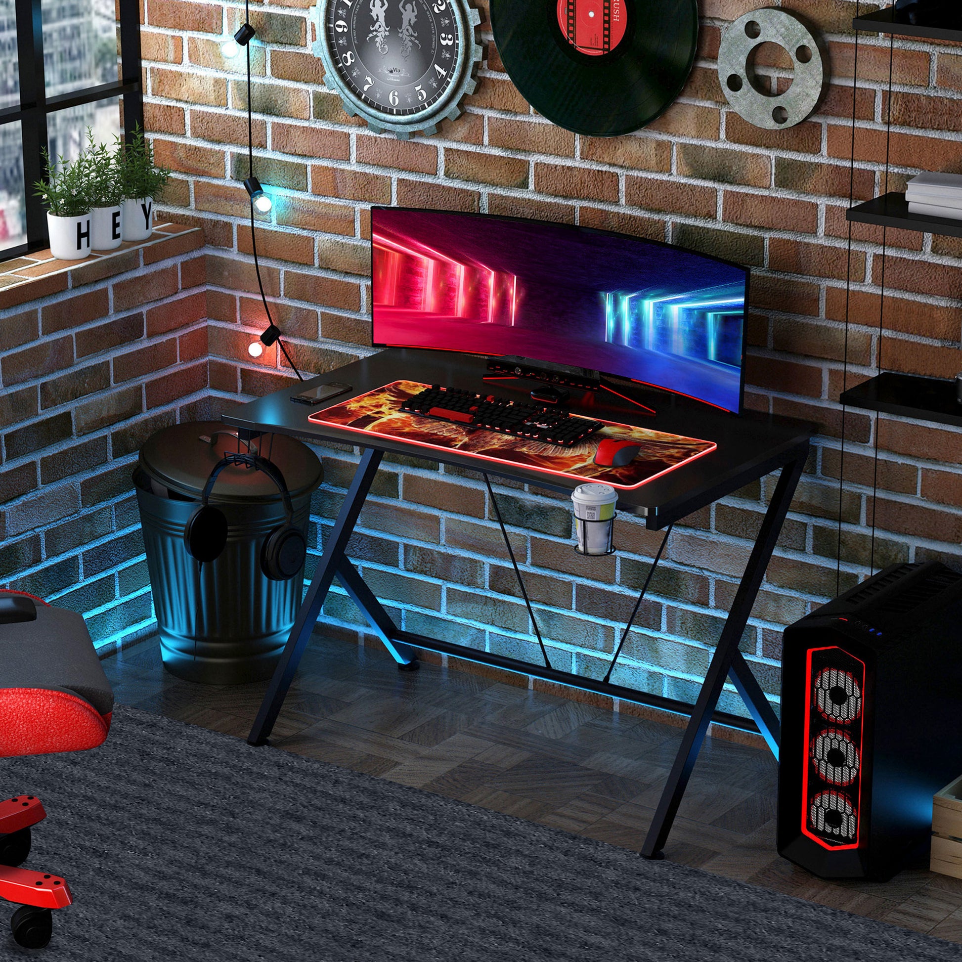 Gaming Desk Computer Table Metal Frame with Cup Holder, Headphone Hook, Cable Hole, Black by HOMCOM-5