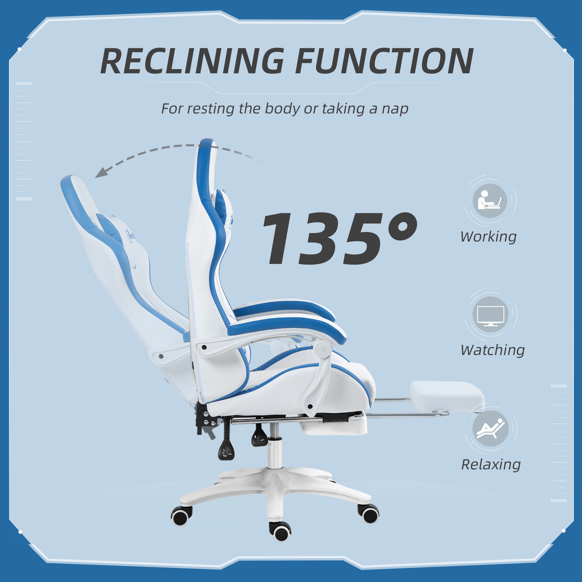 Racing Gaming Chair, Reclining PU Leather Computer Chair w/ 360° Swivel Seat, Footrest, Removable Headrest & Lumber Support in White | Vinsetto-3