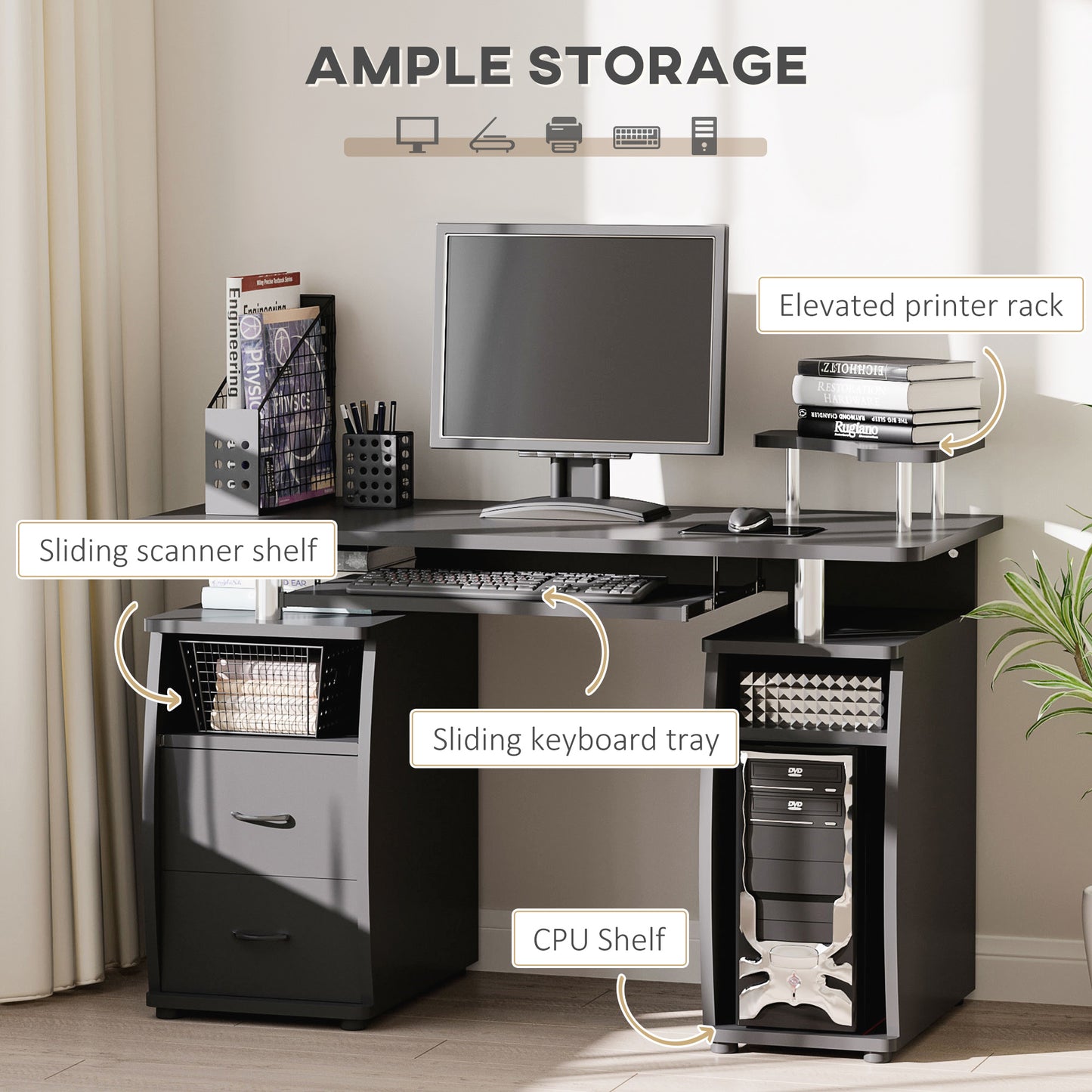 Computer Desk Office PC Table Workstation with Keyboard Tray, CPU Shelf, Drawers, Sliding Scanner Shelf in Black | HOMCOM-2