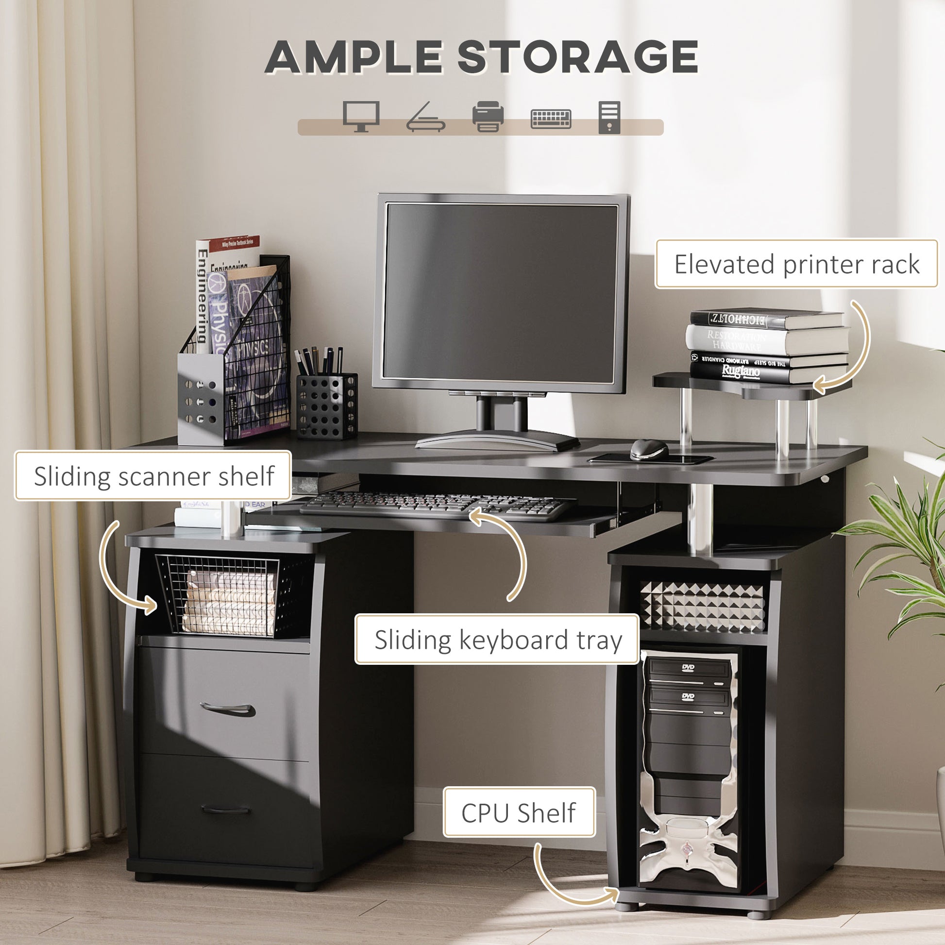 Computer Desk Office PC Table Workstation with Keyboard Tray, CPU Shelf, Drawers, Sliding Scanner Shelf in Black | HOMCOM-2