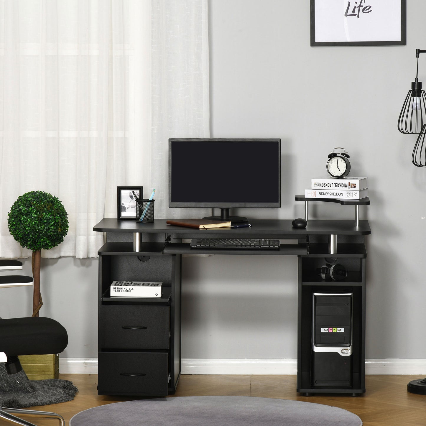 Computer Desk Office PC Table Workstation with Keyboard Tray, CPU Shelf, Drawers, Sliding Scanner Shelf in Black | HOMCOM-5