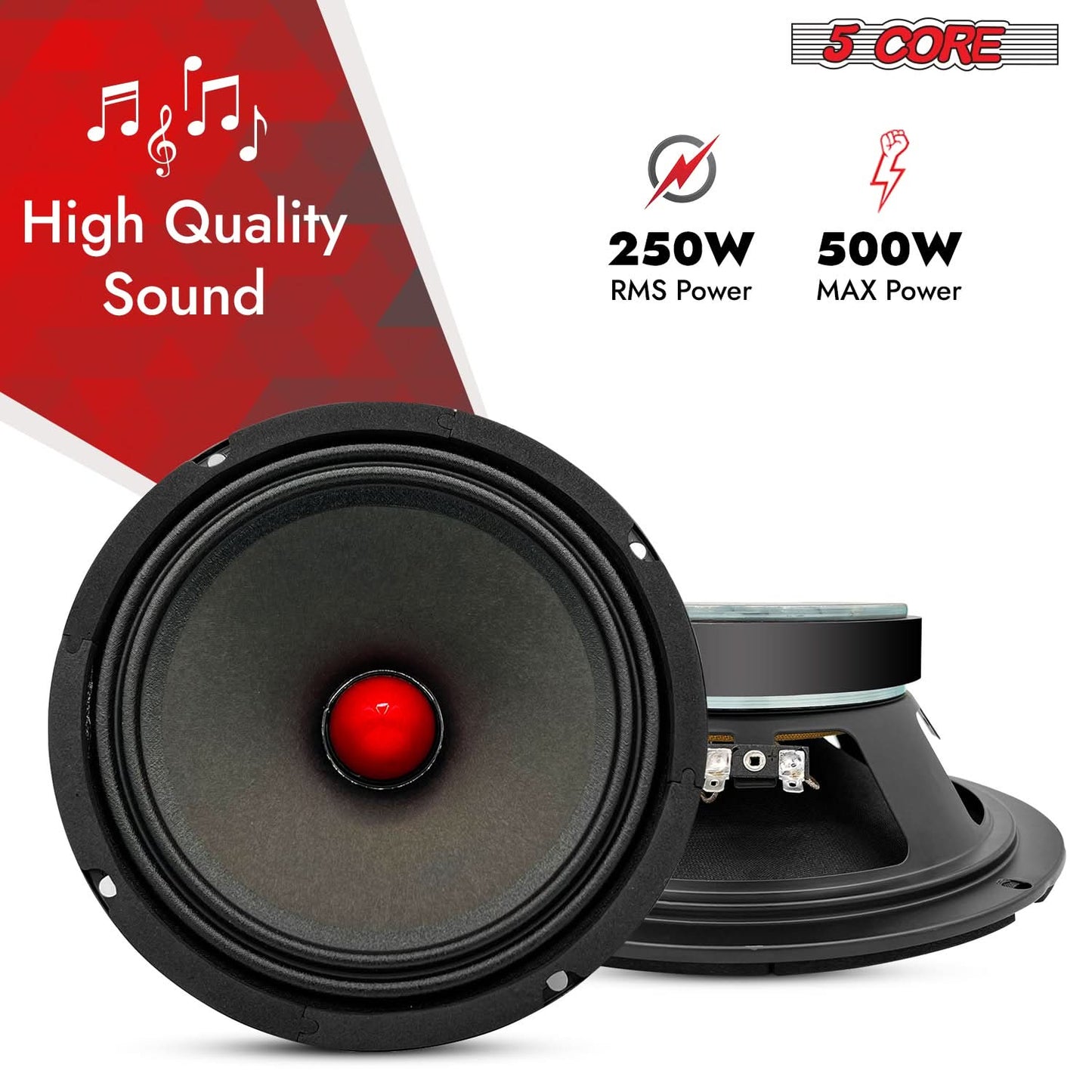 5Core 8 Inch Midrange Door Speaker 500W Subwoofer w Aluminum Bullet 8Ω Sub Woofer 2 PCS