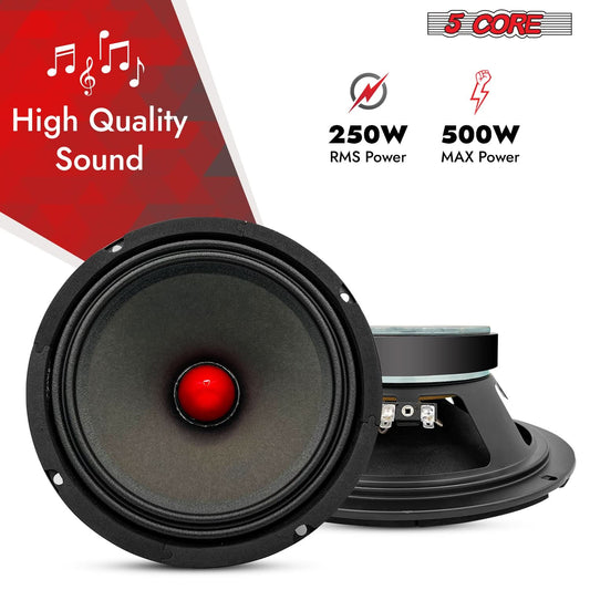 5Core 8 Inch Midrange Door Speaker 500W Subwoofer w Aluminum Bullet 8Ω Sub Woofer 2 PCS