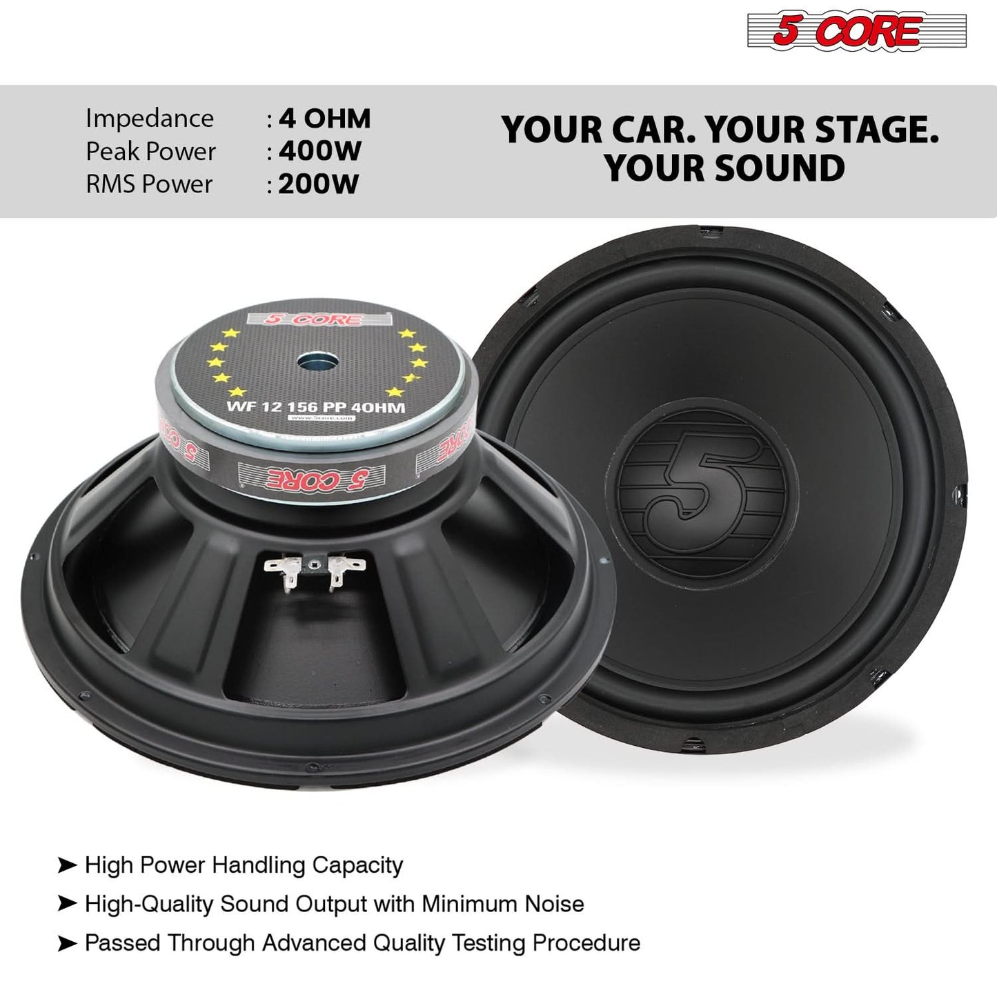 5 Core 12 Inch Woofer 400W Car Subwoofer 4Ohm Replacement Deep Sub w Poly Cone