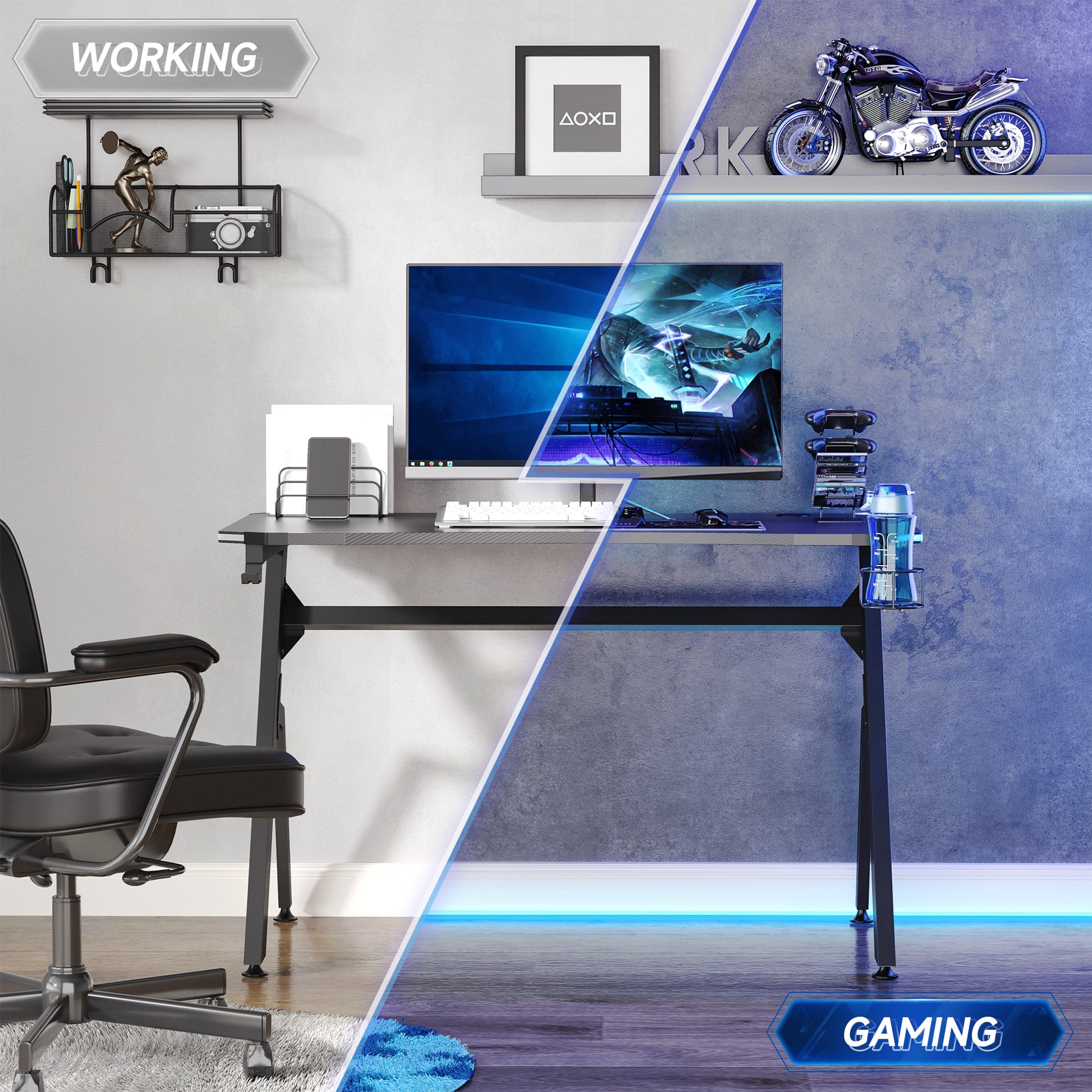 Gaming Desk Racing Style Home Office Ergonomic Computer Table Workstation with RGB LED Lights in Black | HOMCOM-4