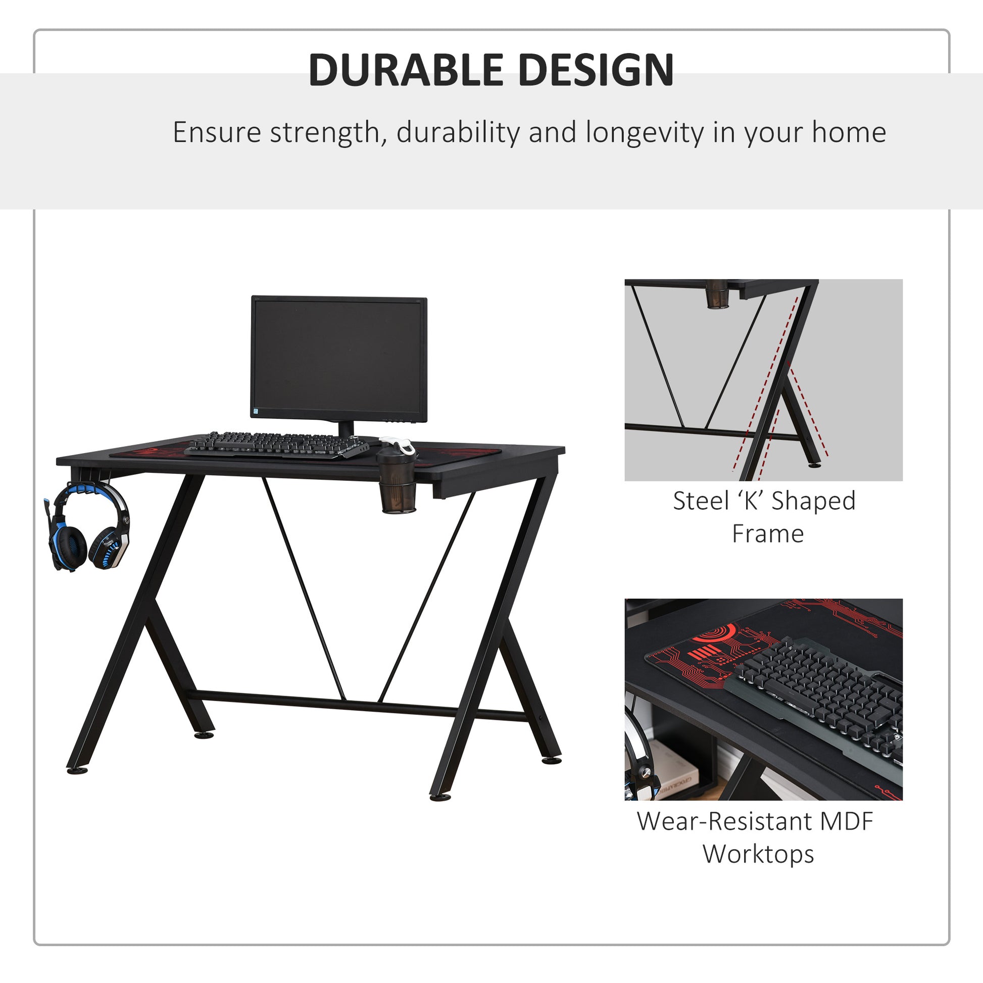 Gaming Desk Computer Table Metal Frame with Cup Holder, Headphone Hook, Cable Hole, Black by HOMCOM-4