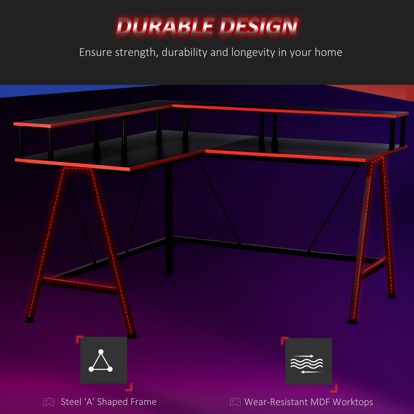 L-Shape Corner Gaming Desk Computer Table with Elevated Monitor Shelf Workstation, Black Red | HOMCOM-3
