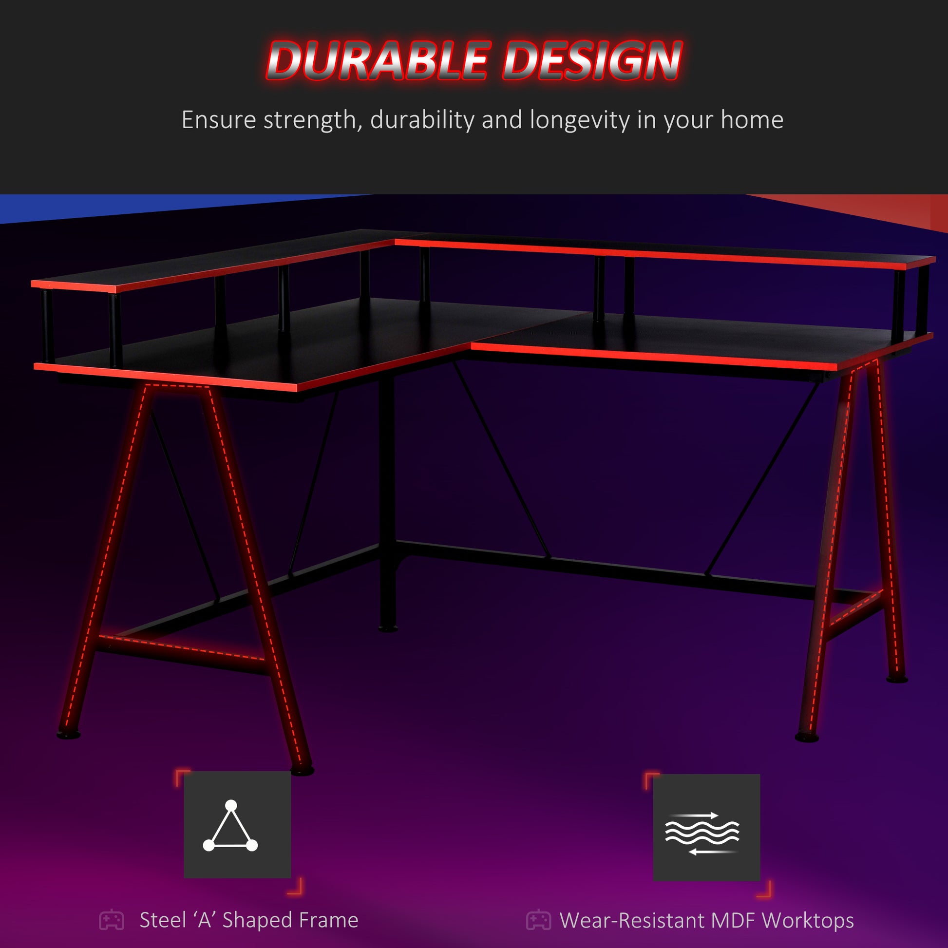 L-Shape Corner Gaming Desk Computer Table with Elevated Monitor Shelf Workstation, Black Red | HOMCOM-3