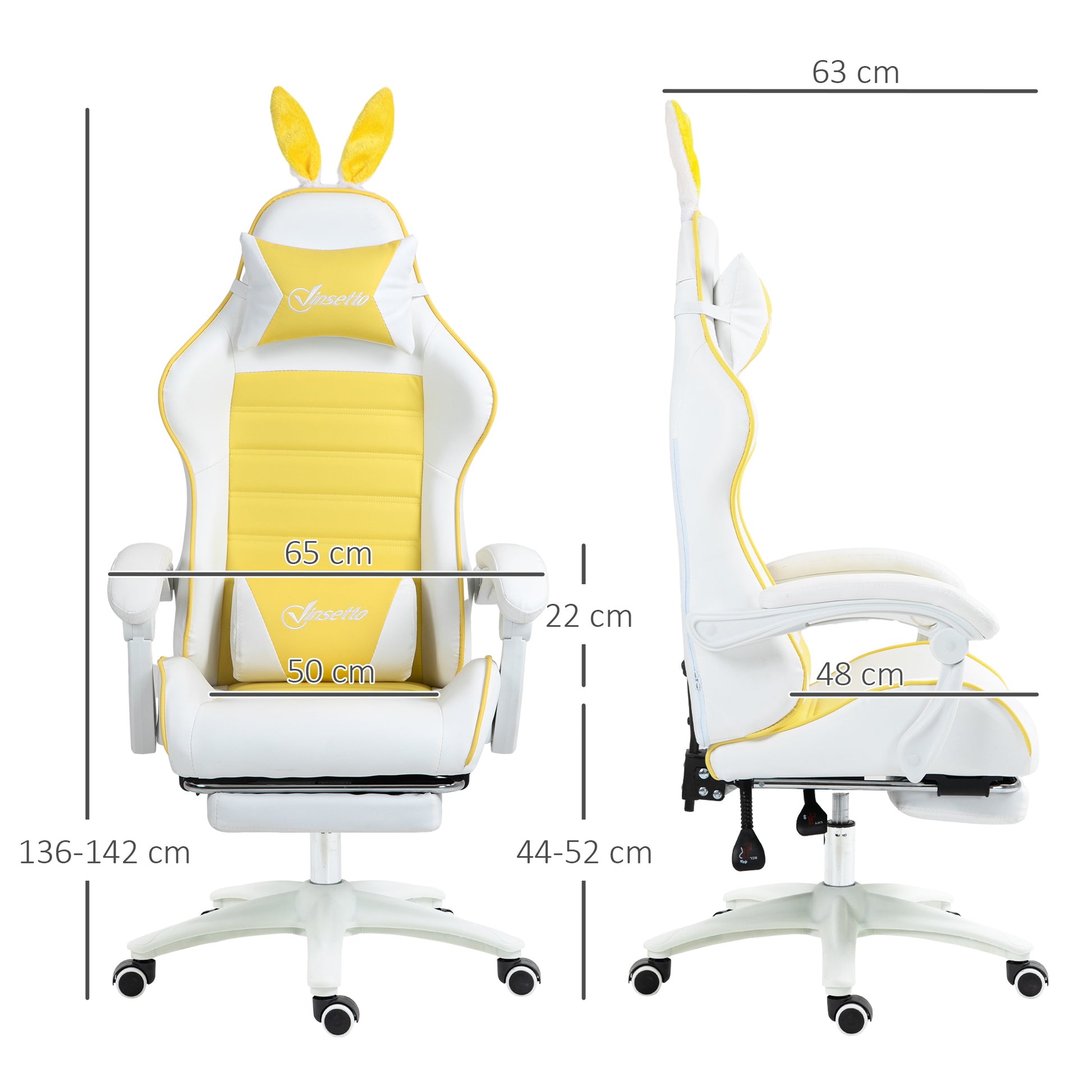 Racing Gaming Chair, Reclining PU Leather Computer Chair with Removable Rabbit Ears, Footrest, Headrest and Lumber Support, Yellow | Vinsetto-1