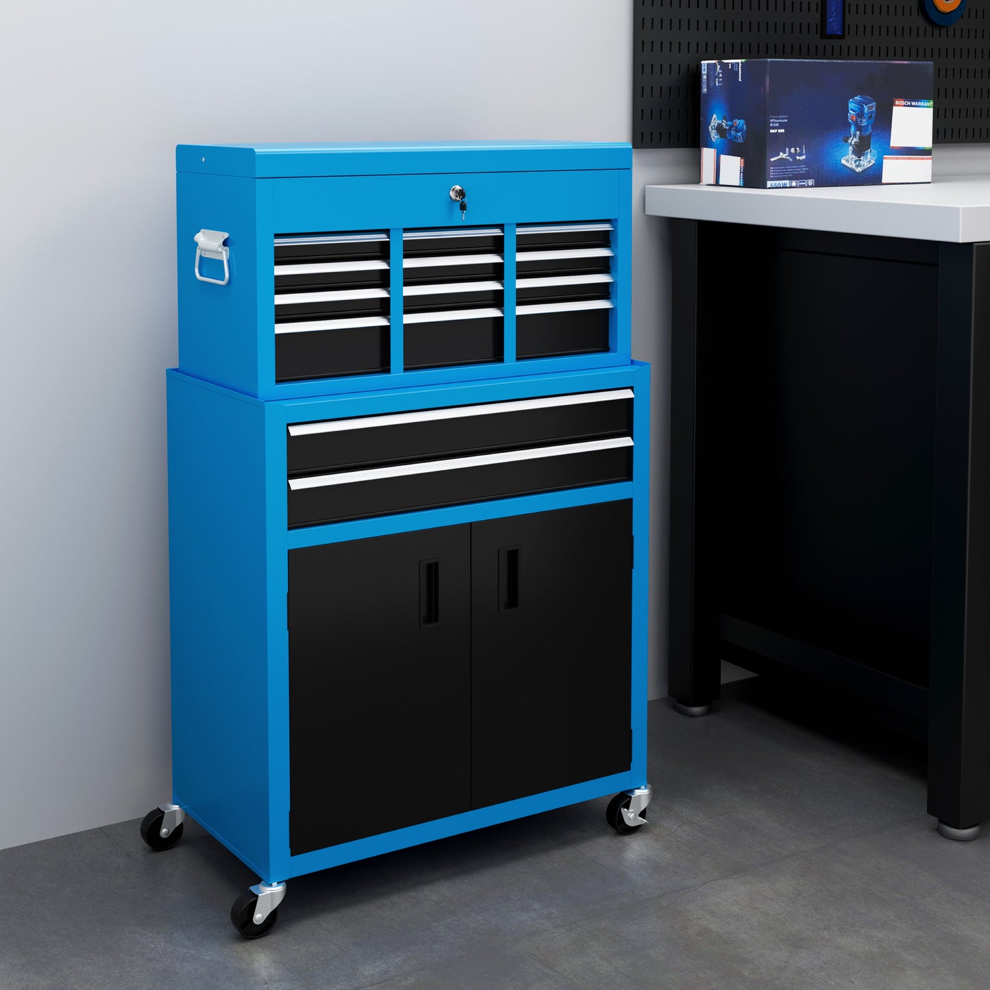HOMCOM Portable Tool Box, Metal Tool Chest on Wheels with 6 Drawers for Garage and Workshop in Blue