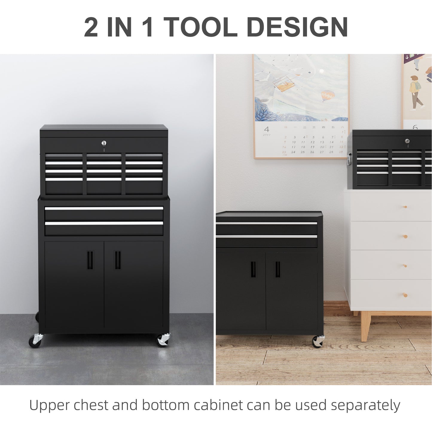 HOMCOM Portable Tool Box, Metal Tool Chest on Wheels with 6 Drawers for Garage and Workshop in Black