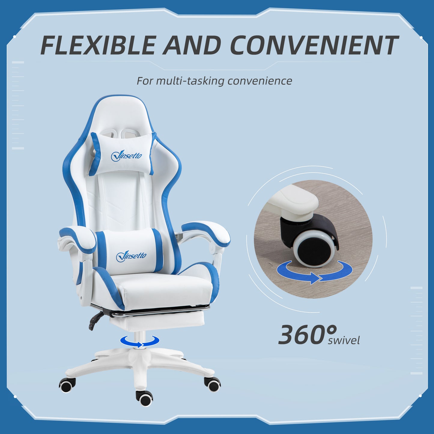 Racing Gaming Chair, Reclining PU Leather Computer Chair w/ 360° Swivel Seat, Footrest, Removable Headrest & Lumber Support in White | Vinsetto-4