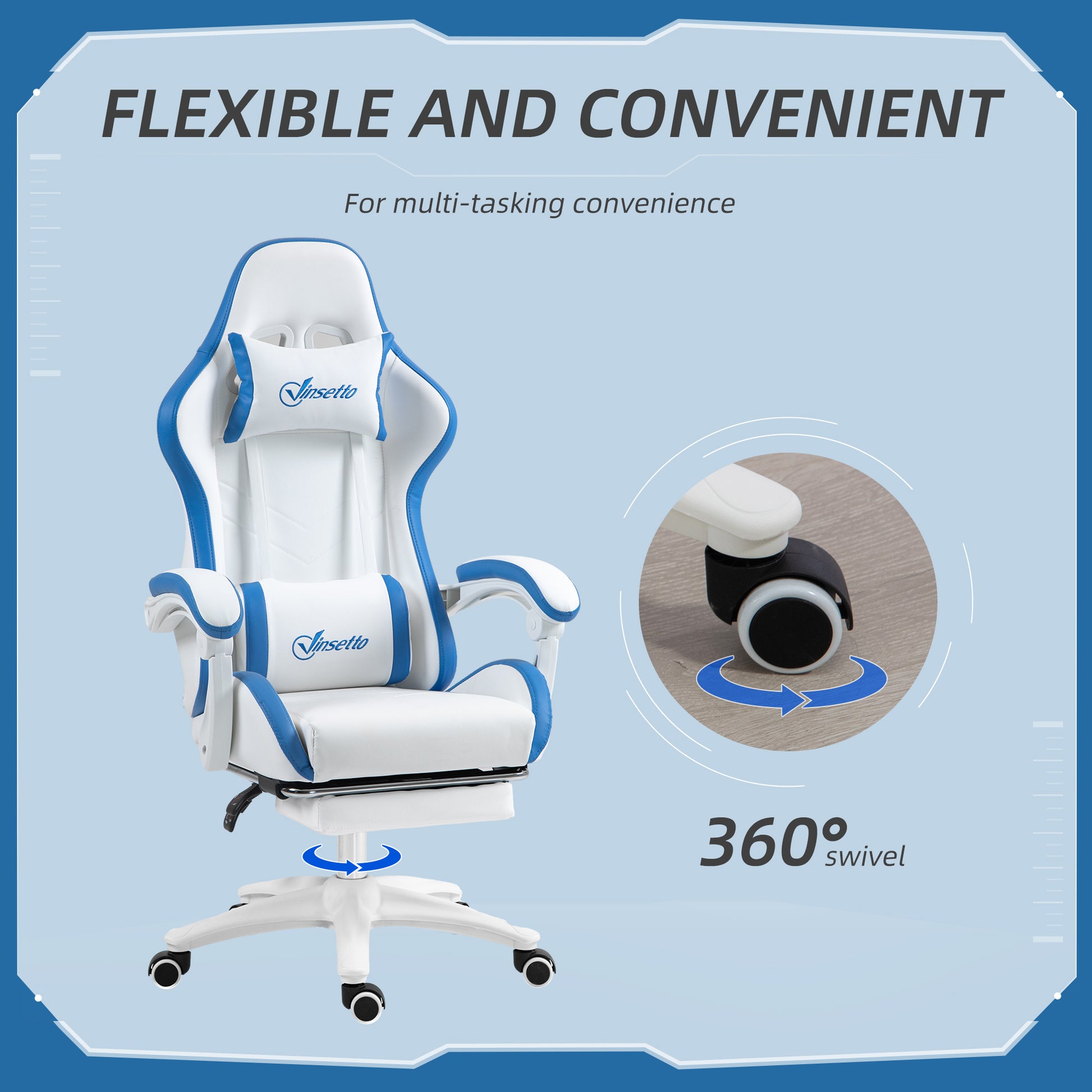 Racing Gaming Chair, Reclining PU Leather Computer Chair w/ 360° Swivel Seat, Footrest, Removable Headrest & Lumber Support in White | Vinsetto-4