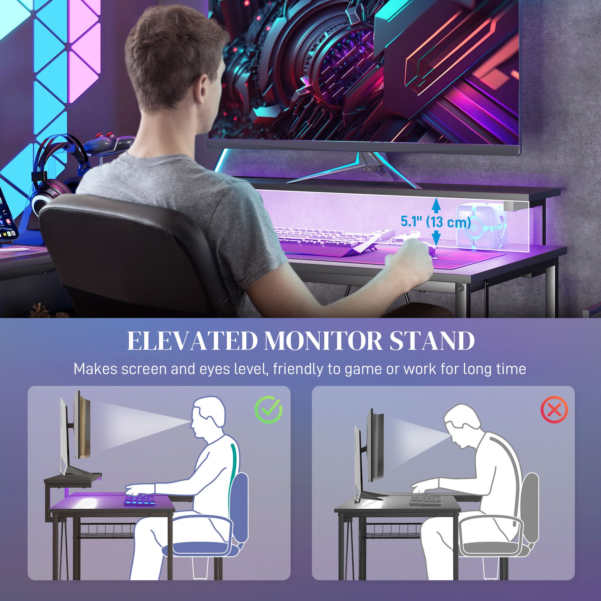 HOMCOM Reversible 'L' LED Light Gaming/Work Desk in Black-5