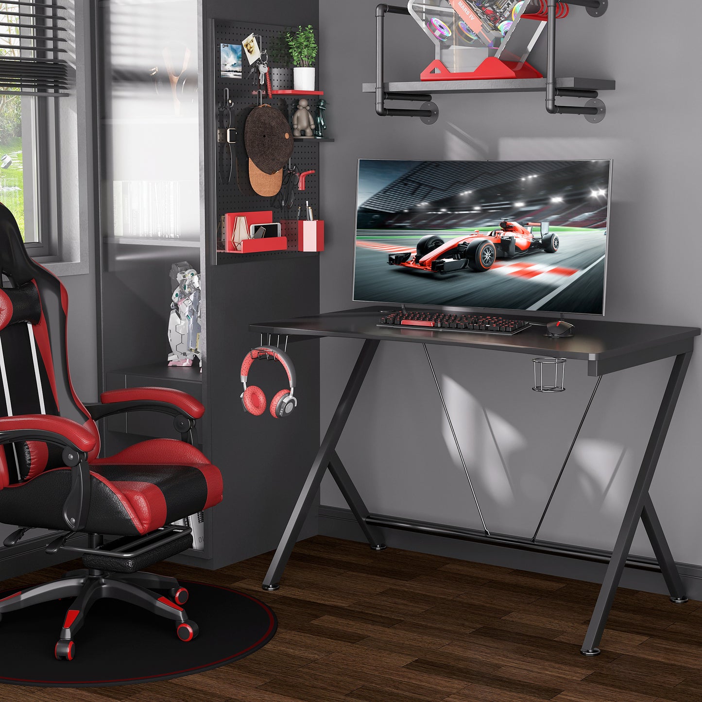 Gaming Desk Computer Table Metal Frame with Cup Holder, Headphone Hook, Cable Hole, Black by HOMCOM-8
