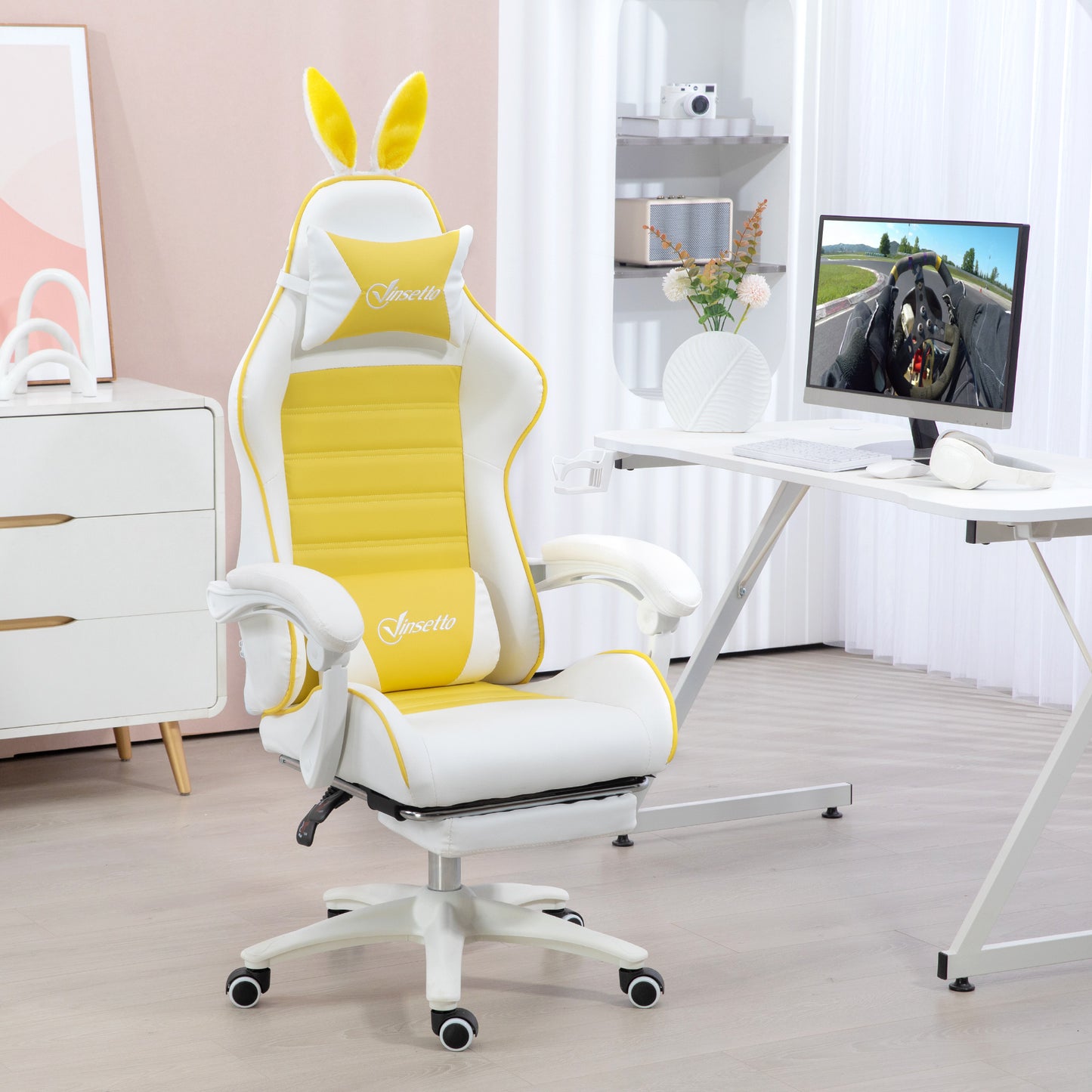Racing Gaming Chair, Reclining PU Leather Computer Chair with Removable Rabbit Ears, Footrest, Headrest and Lumber Support, Yellow | Vinsetto-8
