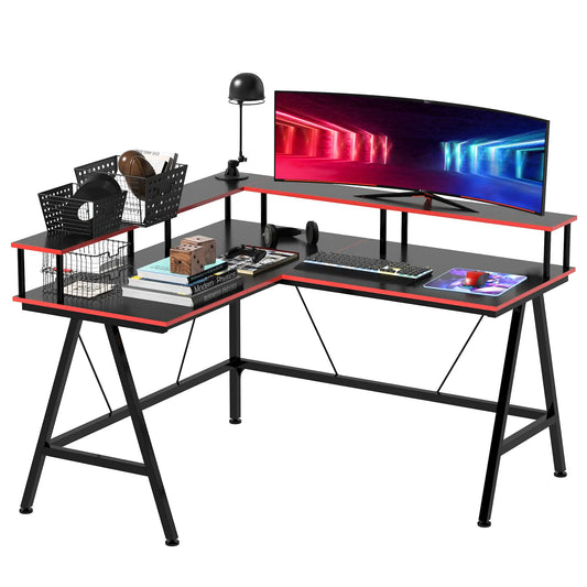 L-Shape Corner Gaming Desk Computer Table with Elevated Monitor Shelf Workstation, Black Red | HOMCOM-0