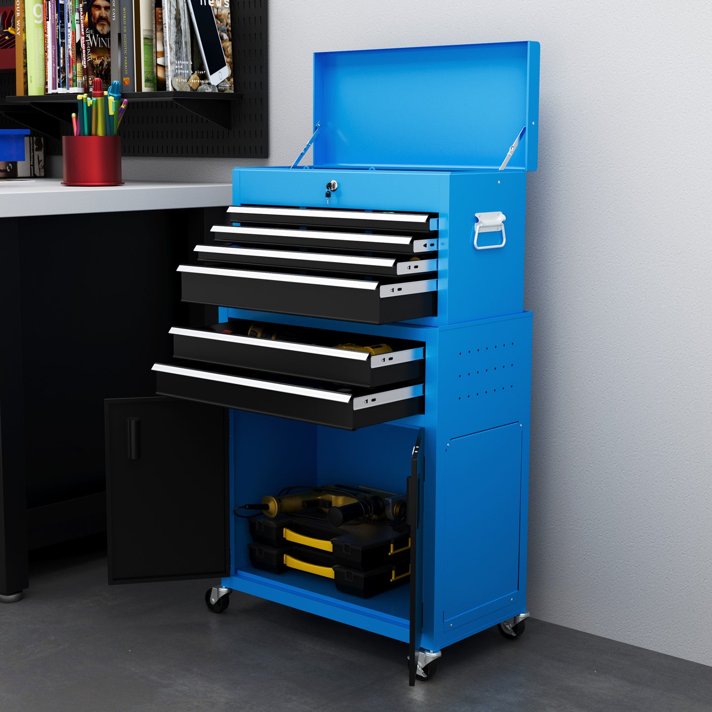 HOMCOM Portable Tool Box, Metal Tool Chest on Wheels with 6 Drawers for Garage and Workshop in Blue