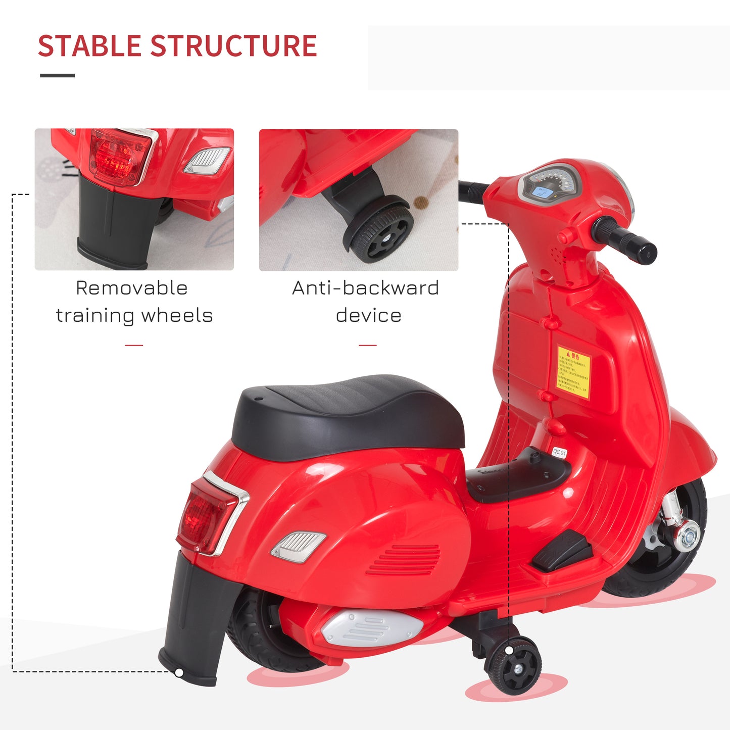 Vespa Licensed Kids Ride On Motorcycle 6V Battery Powered Electric Trike Toys for 18-36 Months with Horn Headlight Red | HOMCOM