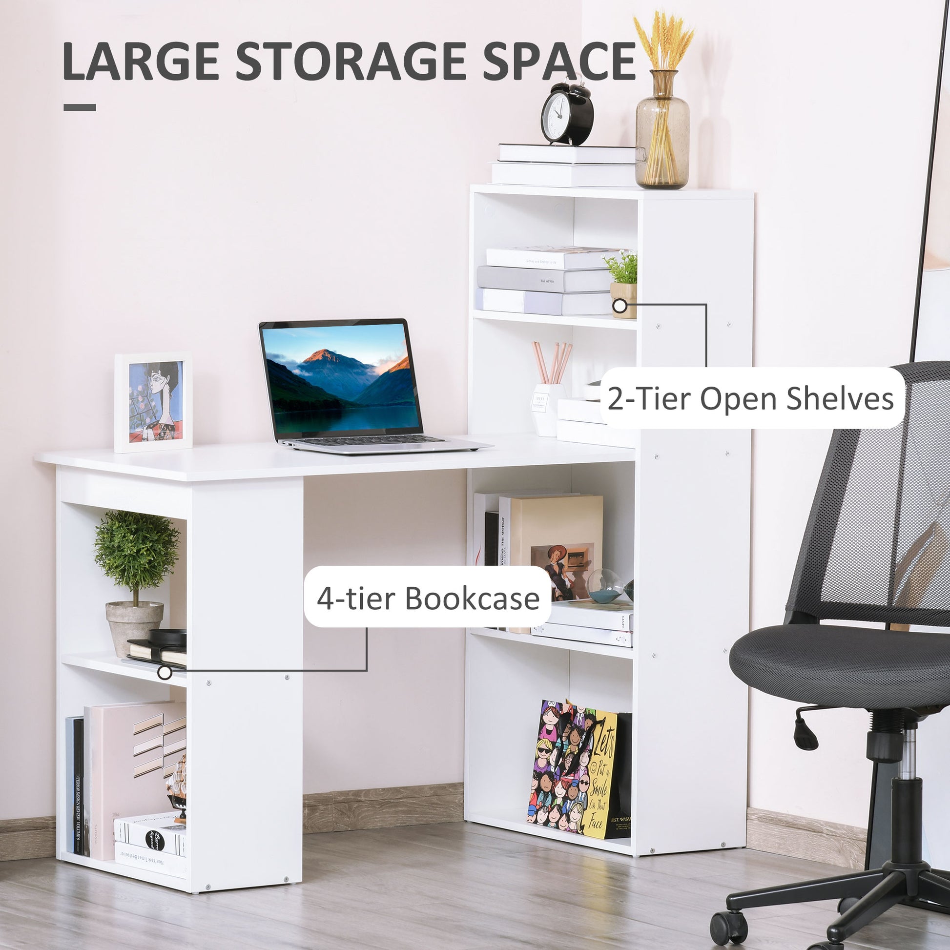 120cm Modern Computer Desk Bookshelf Writing Table Workstation PC Laptop Study Home Office 6 Shelves White | HOMCOM-3