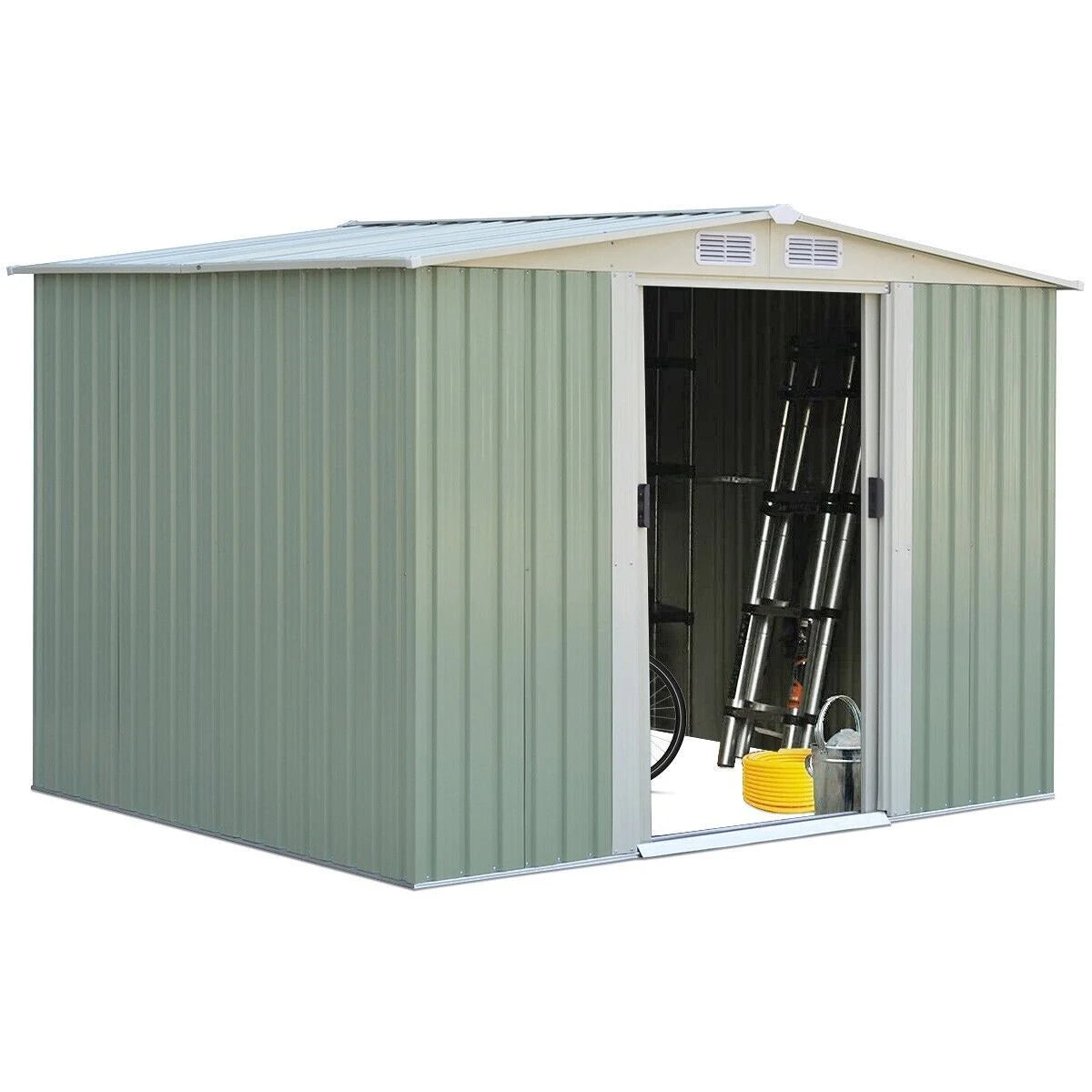 Metal Storage Shed with Sloping Roof Sliding Doors and Air Vents