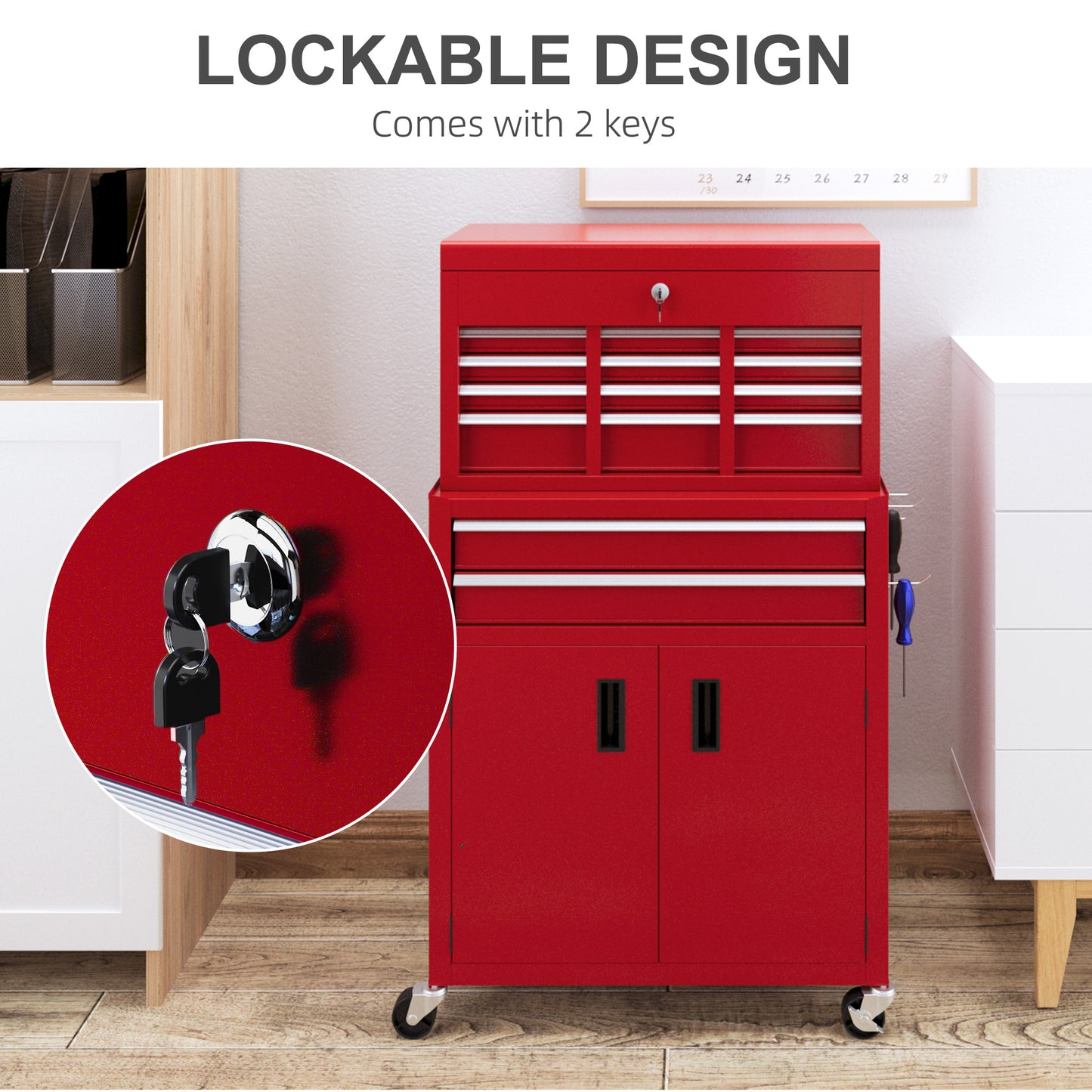 HOMCOM Portable Tool Box, Metal Tool Chest on Wheels with 6 Drawers for Garage and Workshop in Red