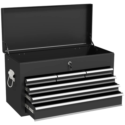 6 Drawer Tool Chest, Lockable Metal Tool Box with Top Case, Ball Bearing Runners, Portable Toolbox, 600mm x 260mm x 340mm in Black | HOMCOM