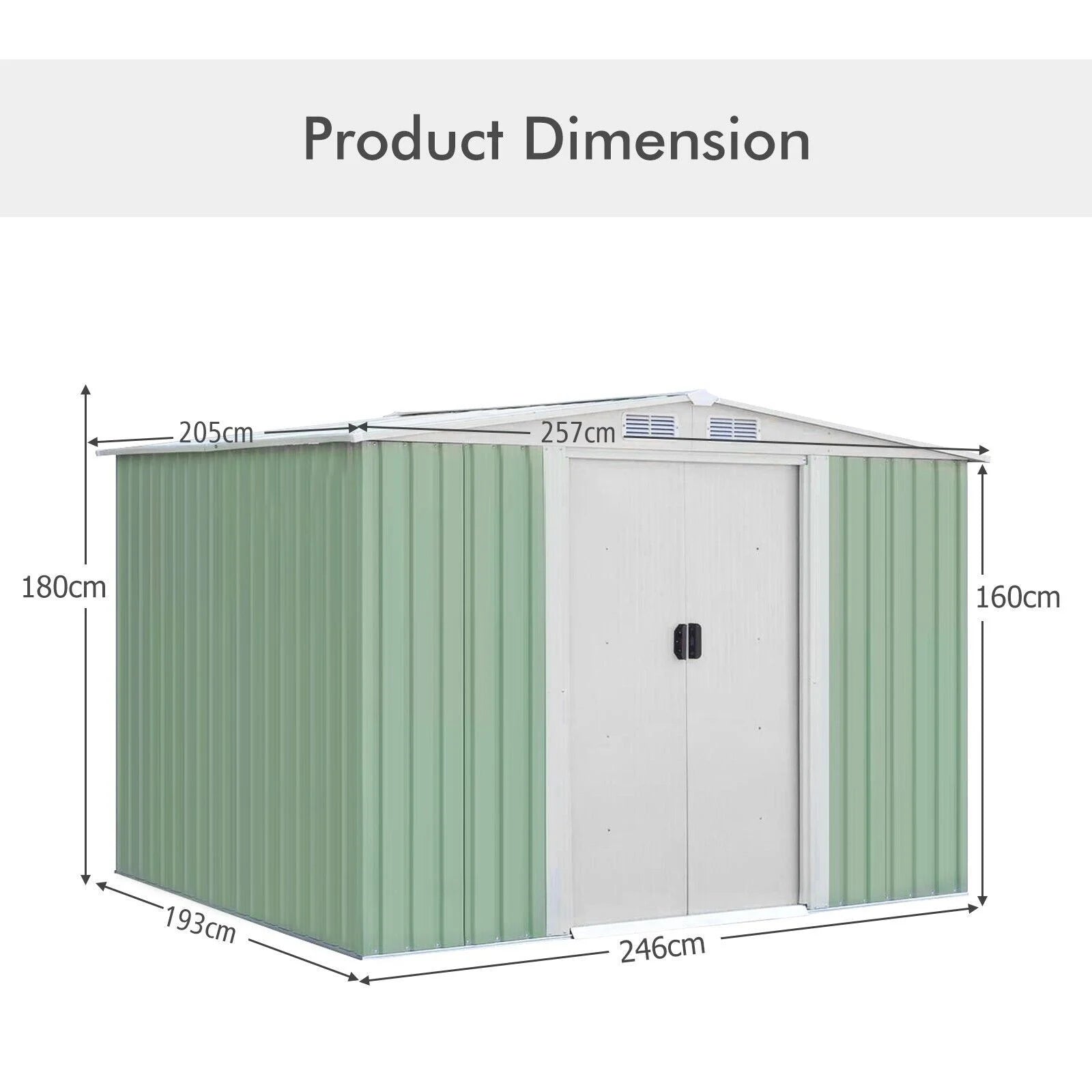 Metal Storage Shed with Sloping Roof Sliding Doors and Air Vents