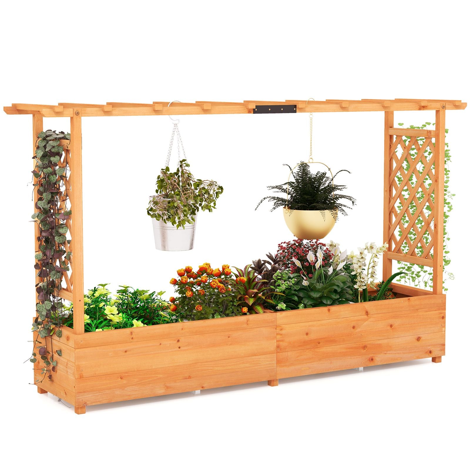 Raised Garden Bed with 2-Sided Trellis and Hanging Roof