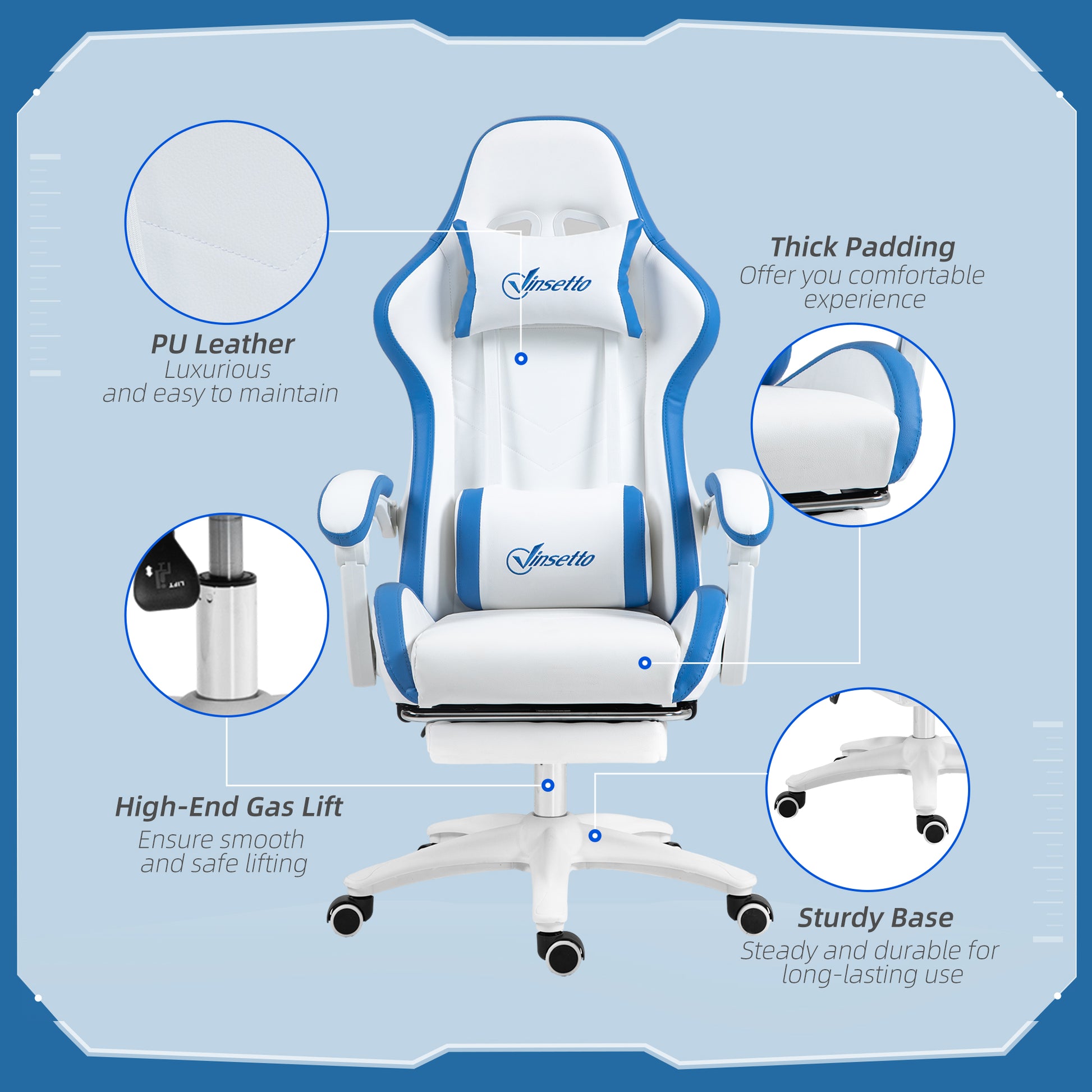 Racing Gaming Chair, Reclining PU Leather Computer Chair w/ 360° Swivel Seat, Footrest, Removable Headrest & Lumber Support in White | Vinsetto-5