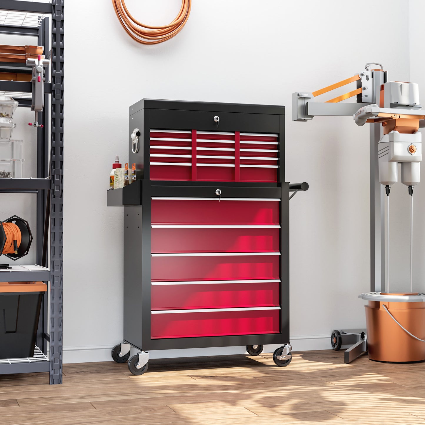 Rolling Tool Cabinet on Wheels w/ 14 Drawers, Pegboard & Side Rack, Lockable Top Tool Chest & Roller Cabinet Combo for Workshop Home | HOMCOM