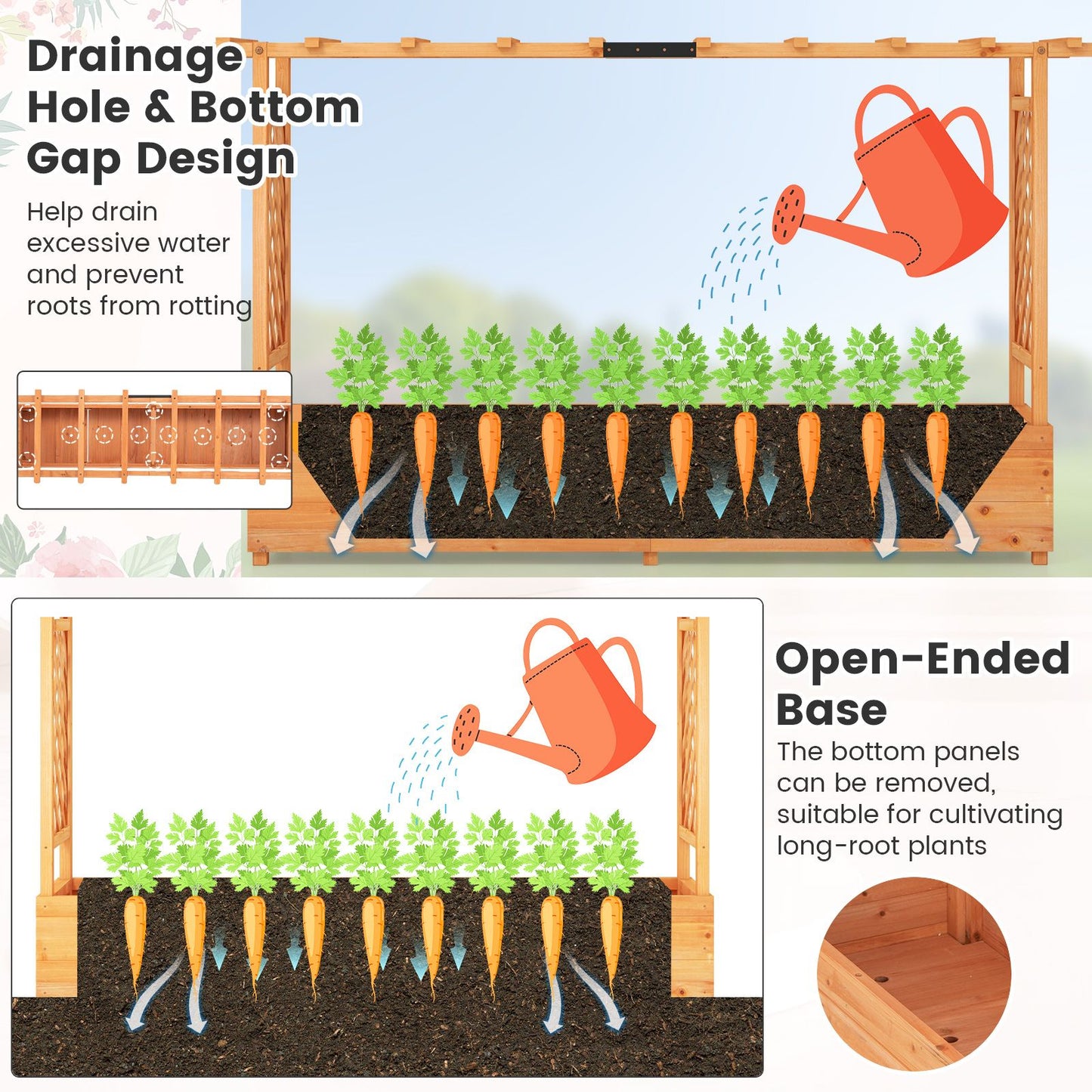 Raised Garden Bed with 2-Sided Trellis and Hanging Roof